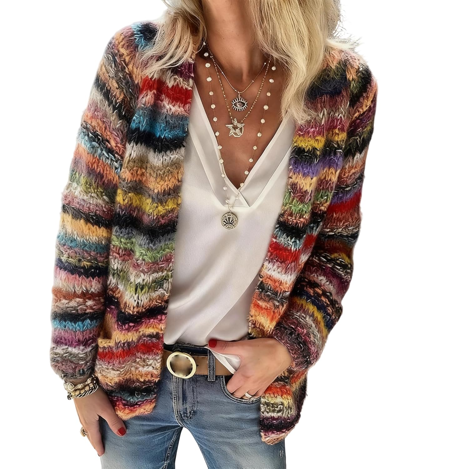 Womens Red Striped Fuzzy Knit Cardigan Open Front Long Sleeve Casual Sweater Jacket for Daily Streetwear Outfits