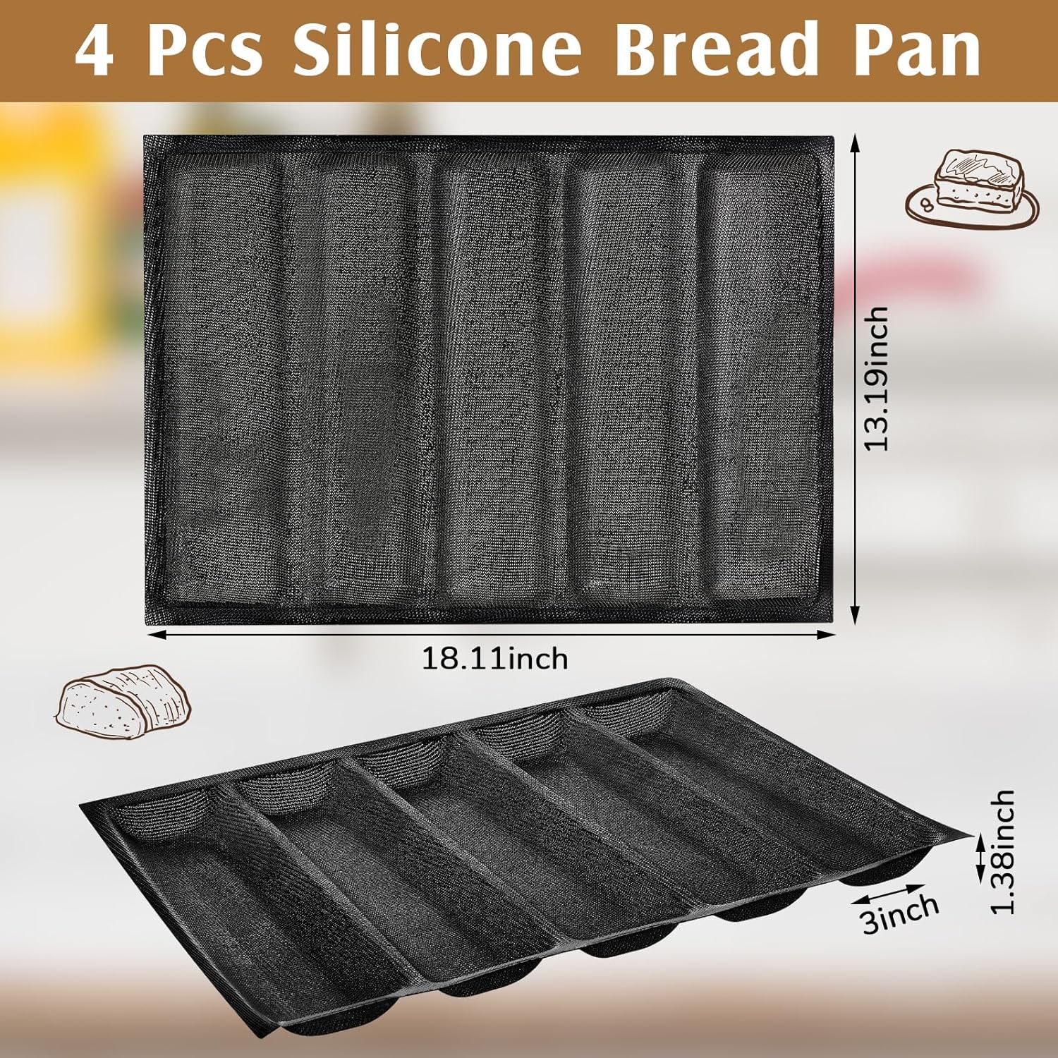 Maxcheck 4 Pcs Silicone Perforated Baking Forms Sandwich Mold French Baguette Bread Pan Mat 5 Loaf Non Stick Baking Liners for Home Kitchen