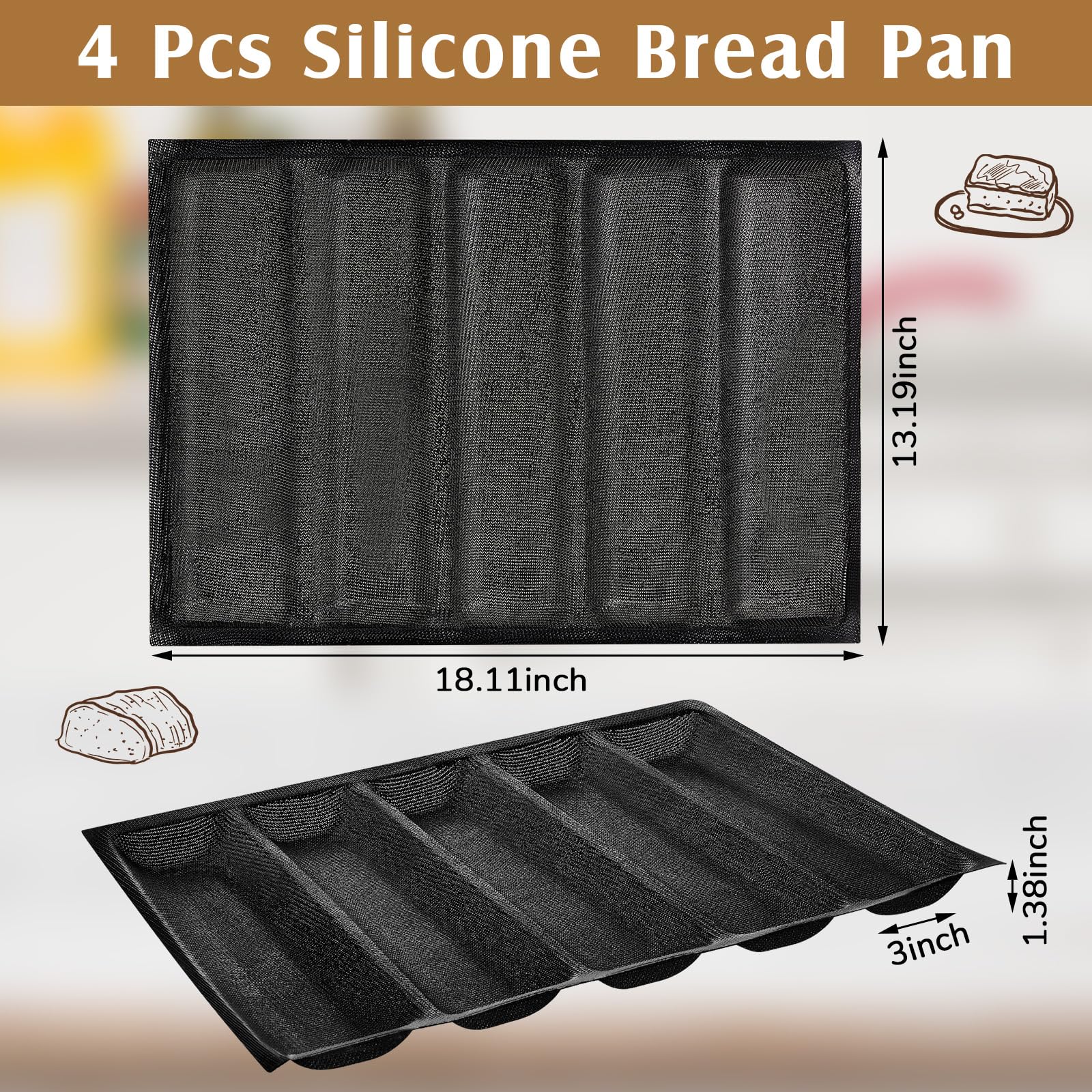 Maxcheck Perforierte Silikon-Backformen, Sandwichform, französisches Baguette-Brotpfannen-Matte, 5 Stück, antihaftbeschichtet, Backeinlagen für Zuhause, Küche, 4 Stück