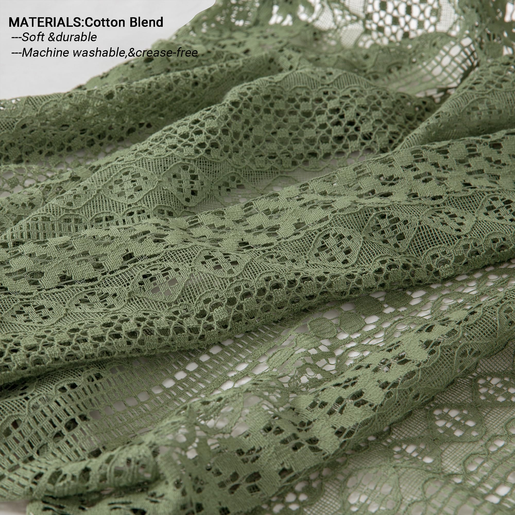 WAZZIO Rideaux Oliver Vert, 160 cm de long, Boho, dentelle translucide, ensemble de 2 panneaux, passe-tringle, filtration de lumière au crochet rétro pour salon, chambre à coucher, traitement de