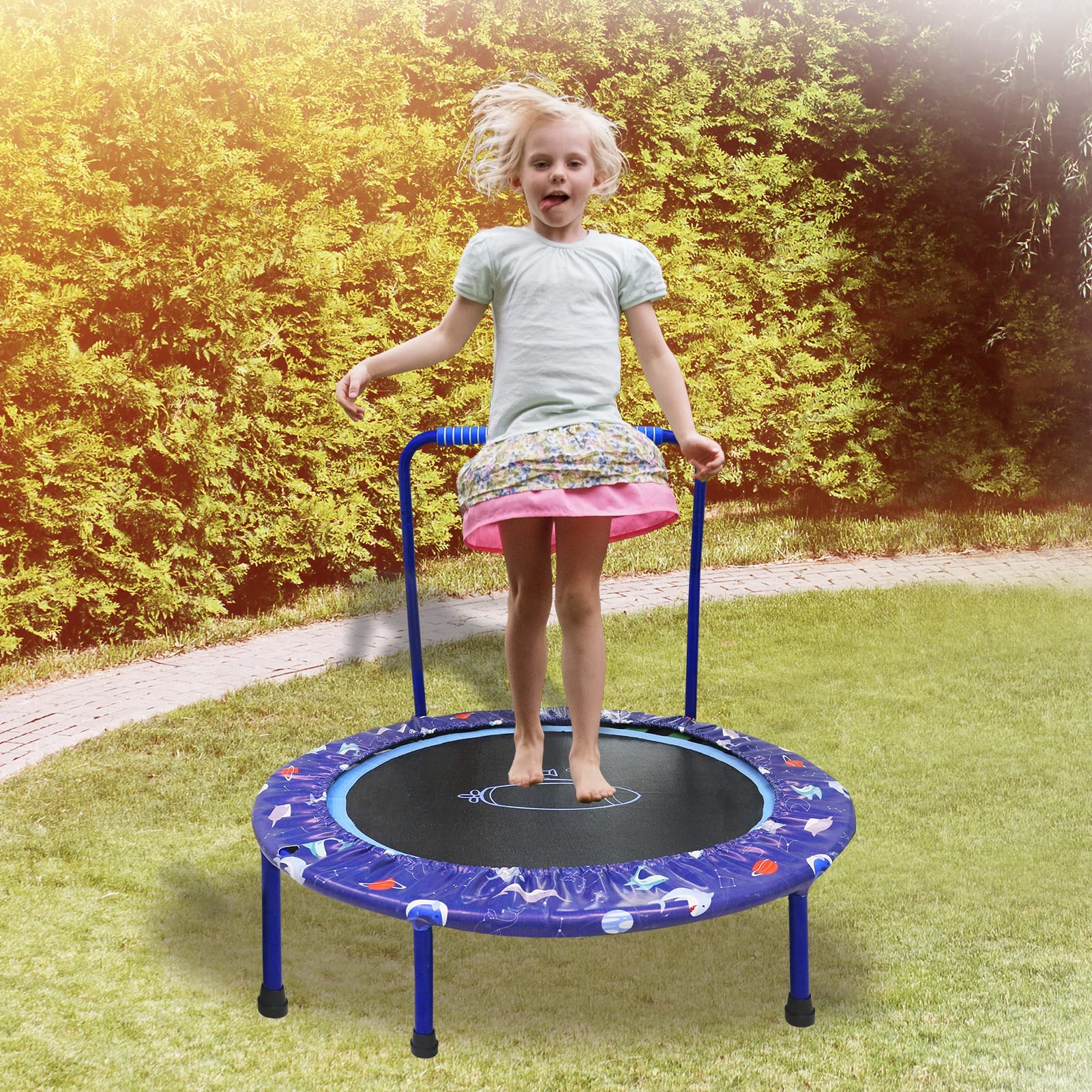 Trampolino Elastico per Bambini Ø96cm, Tappeto elastico Bambini con Manico Regolabile e Copertura Imbottita, Trampolino Elastico Fitness Pieghevole, Saltarello per Bambini da Interno ed Esterno