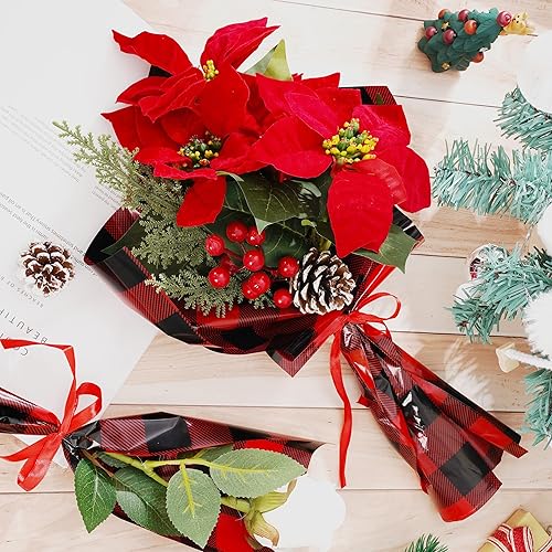 Miniatura 5 de Whaline Rollo de papel de envoltura de celofán de Navidad, color negro y rojo, a cuadros, transparente, con cinta, cesta de regalo de plástico, para