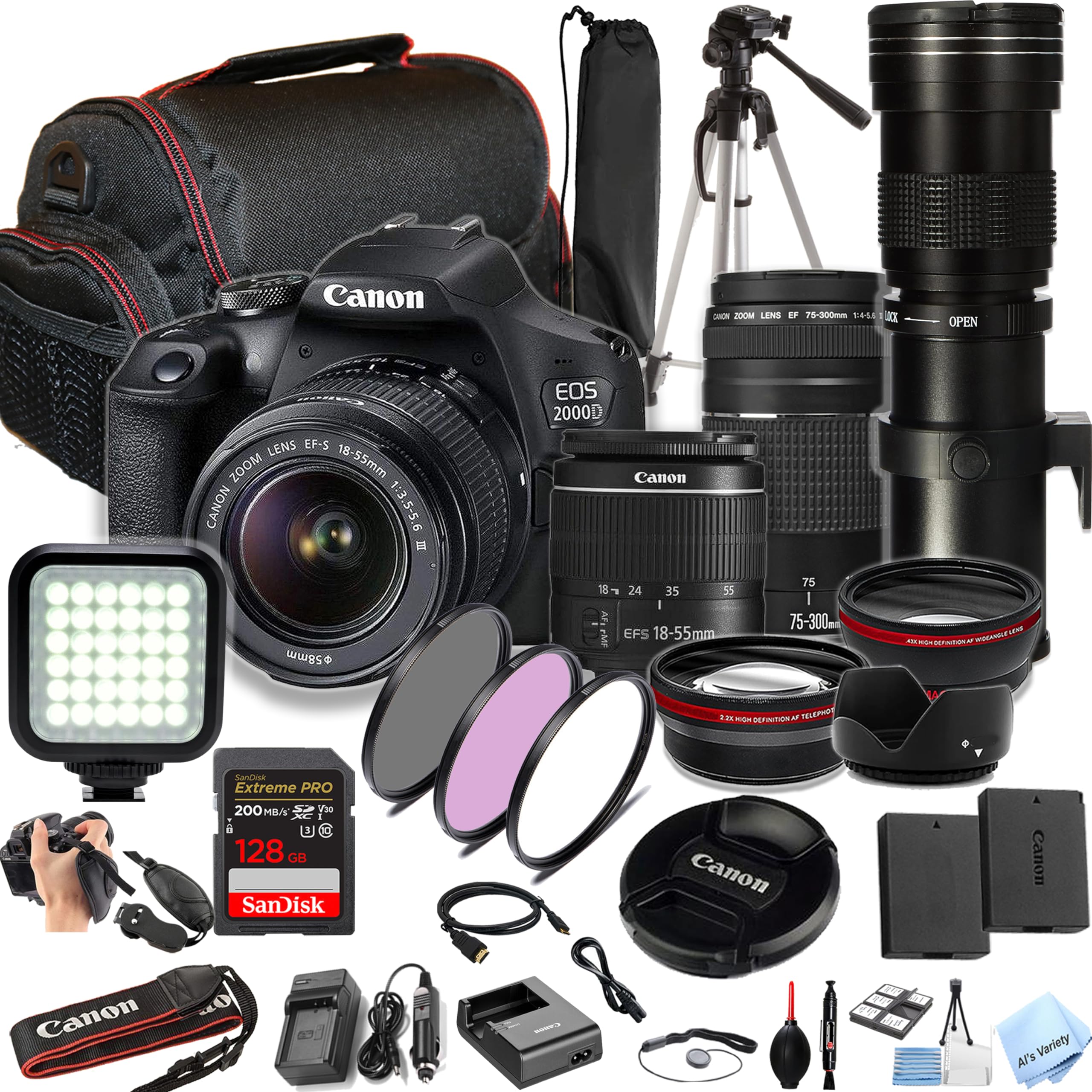 Canon EOS 2000D / Rebel T7 W/18-55mm + 75-300mm Lenses + 420-800mm Lens + 128GB Extreme Speed Card, LED Video Light, Camera Case, Tripod,Spare Battery, Filter Kit, More (Essential DSLR Kit) (Renewed)