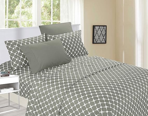 Elegant Comfort Luxury Softest and Coziest 6-Piece Bed Sheet Set, Wrinkle Resistant Milano Trellis Pattern-1500 Thread Count Egyptian Quality Microfiber Bedding Set, California King, Grey