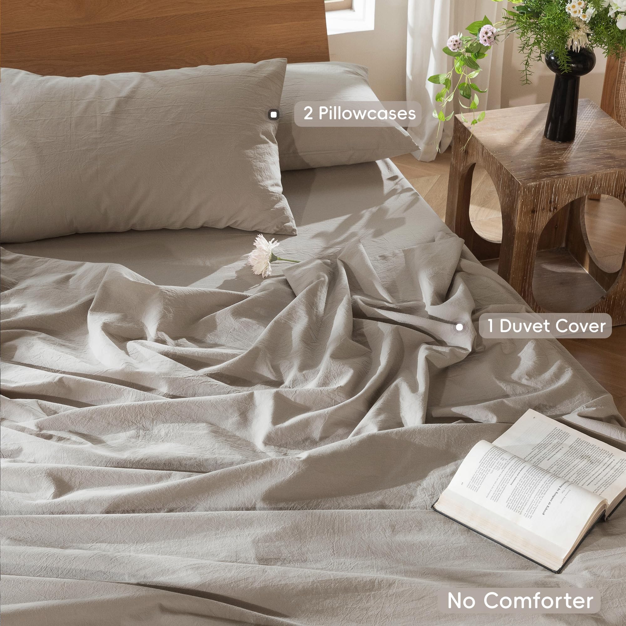 MooMee Bedding Duvet Cover Set 100% Washed Cotton Linen Like Textured Breathable Durable Soft Comfy (Tannish Linen Grey, King) — view 92
