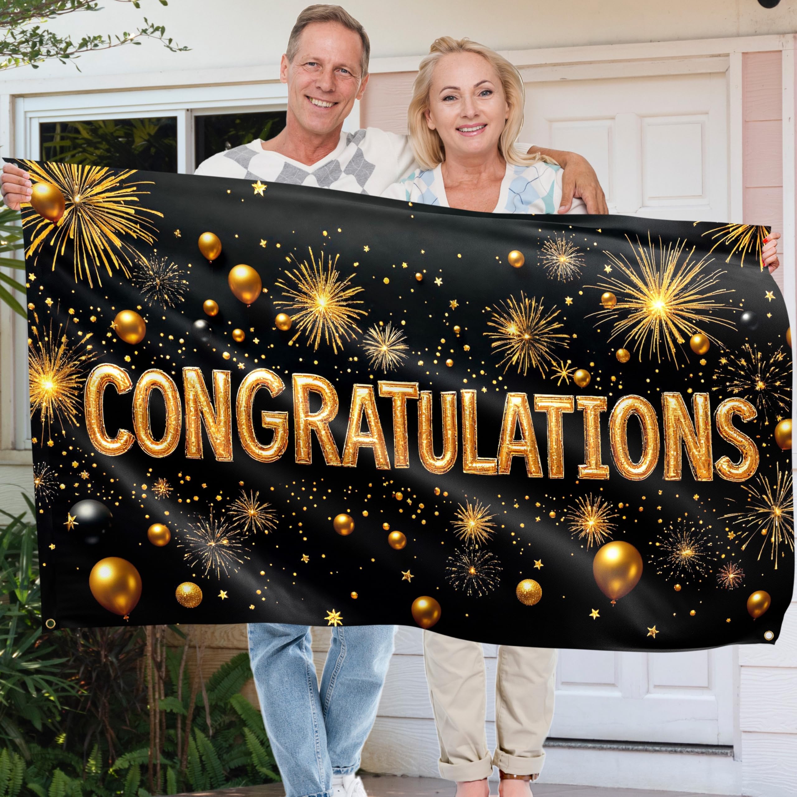 Congratulations Banner - Graduation Decorations 5x3ft - Well Done Banner - We Are So Proud of You - You Did It (Black and Gold) - Image 3