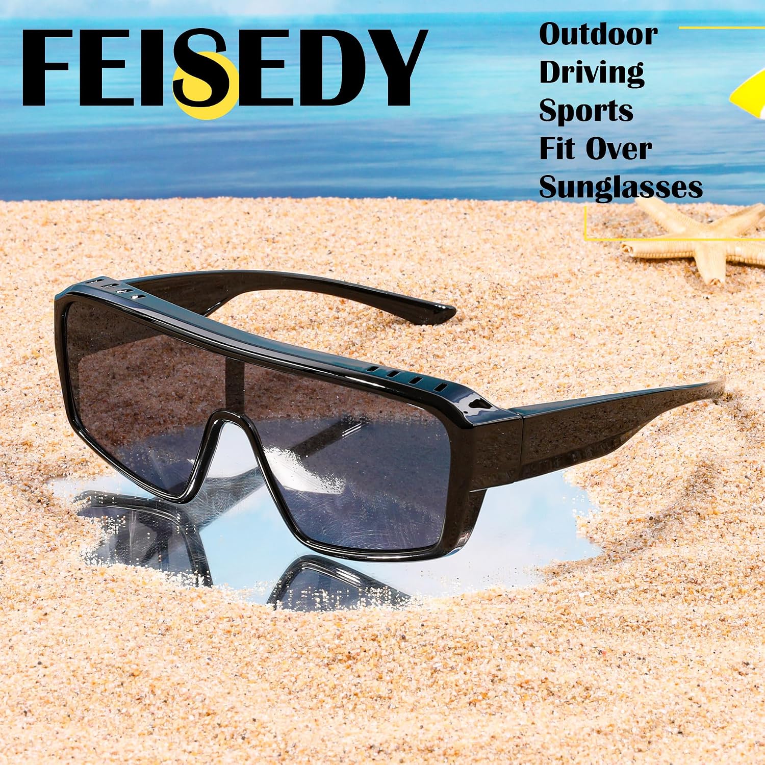 FEISEDY Oversized Square Sunglasses Fit Over Glasses for Men Women, Wrap-around One Piece Shades, Driving Outdoors B0332
