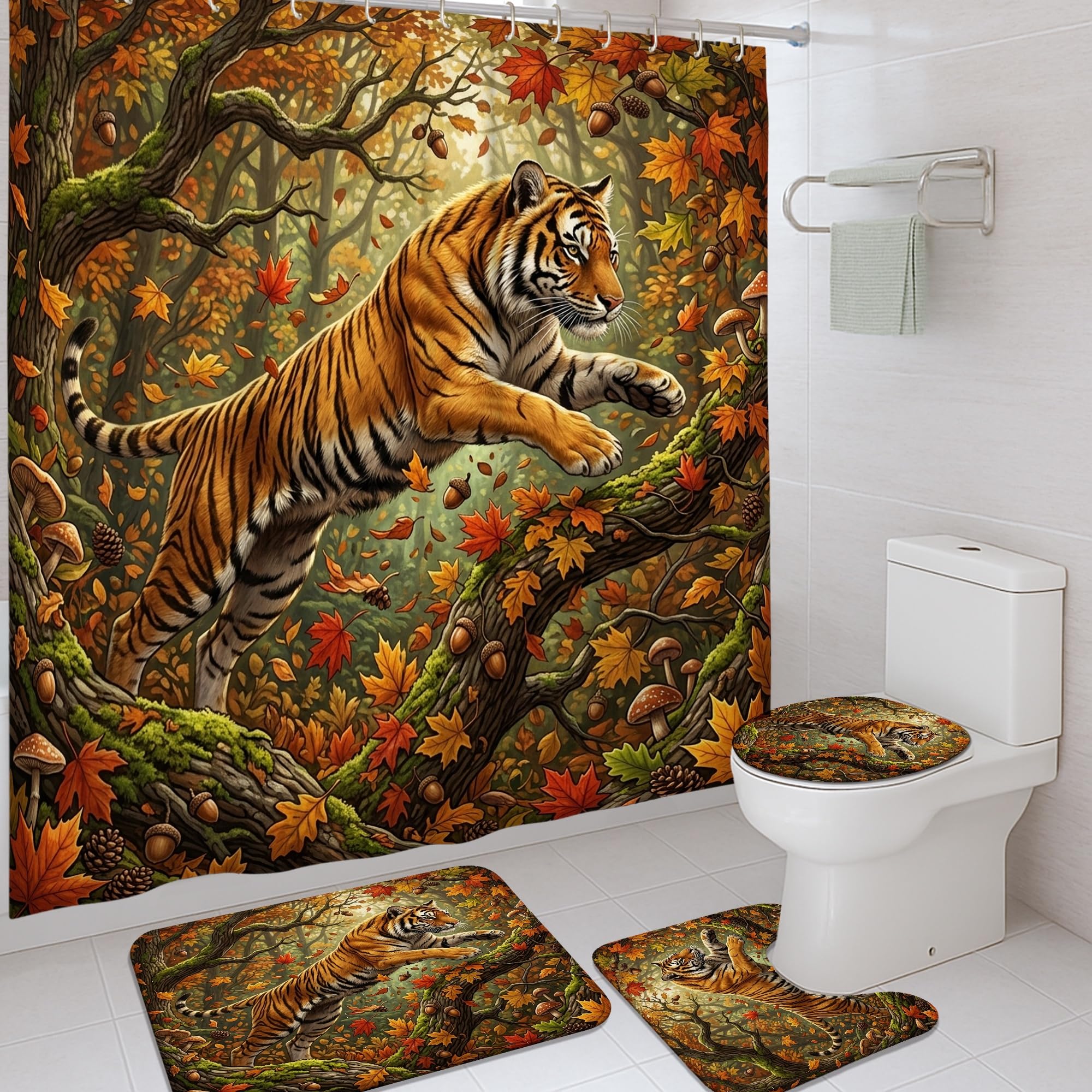 Rideau de douche Tigre anti-moisissure en tissu imperméable avec tapis doux