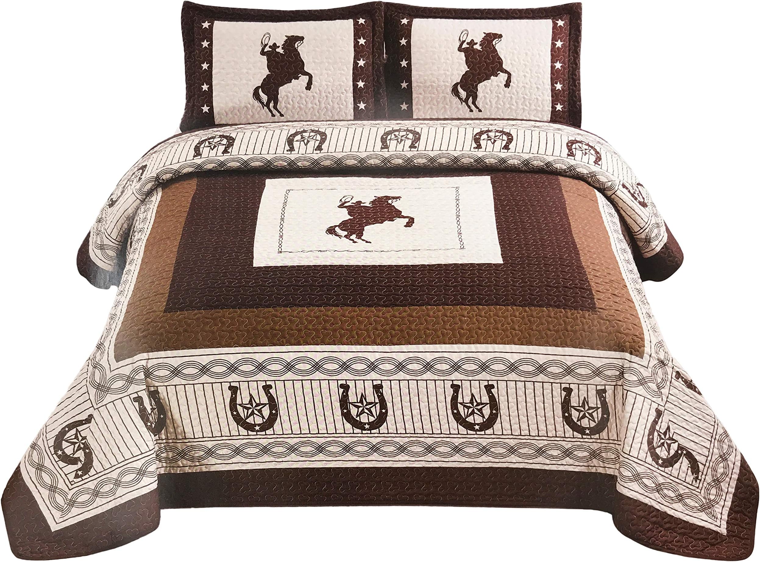 Western Collection New 3 Pieces Western Stars and Horses Cowboy Luxury Home Quilt Bedspread Oversize Comforter (King Beige Horse)