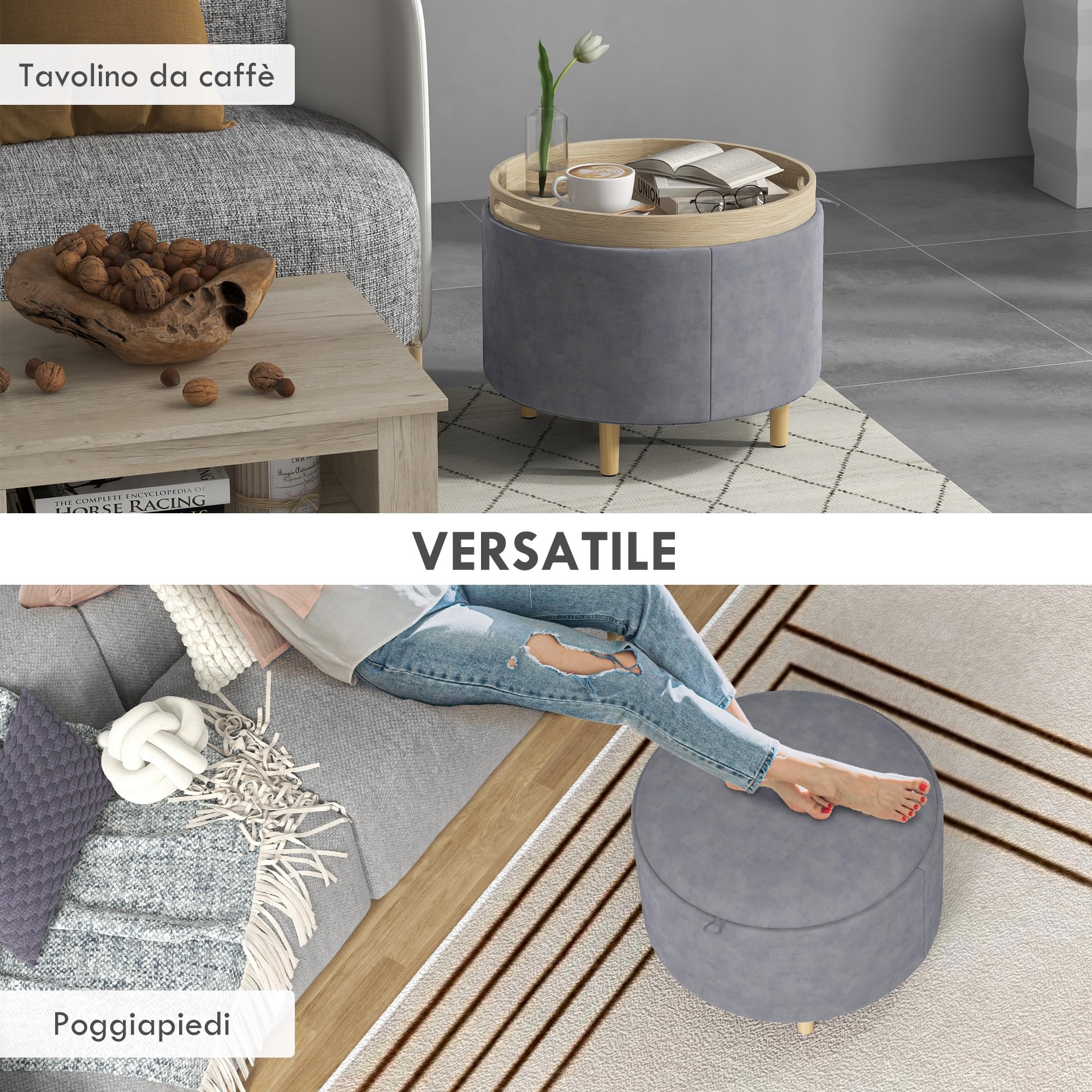 HOMCOM Pouf Contenitore in Tessuto Sherpa da 120 kg max con Vassoio a Ribalta, Tavolino da Caffè in MDF e Faggio con Spazio a Scomparsa, 56x56x42 cm, Grigio