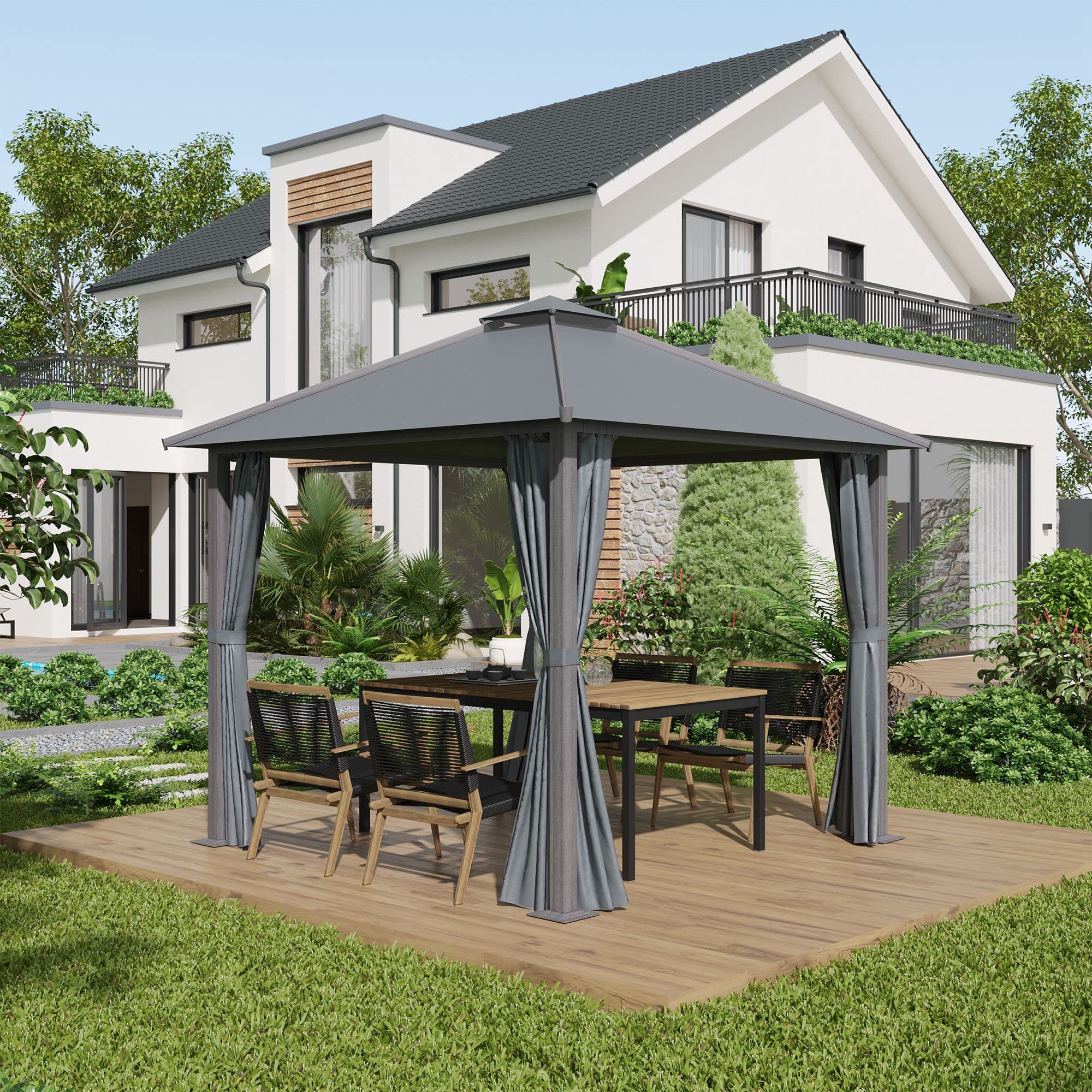 Tonnelle De Jardin Outsunny 3x3m - Toit Double, 4 Rideaux, Cadre Aluminium - Gris