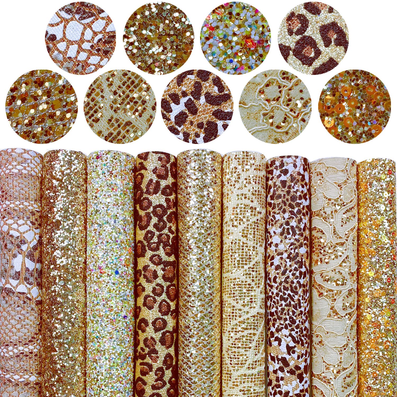 shalun9 pcs/Pack A4 Gold Leopard Faux Leather Sheets Shiny Brown Chunky Glitter PU Canvas Fabric for Cricut Sports Football Earrings Bows Craft 8x12 inch