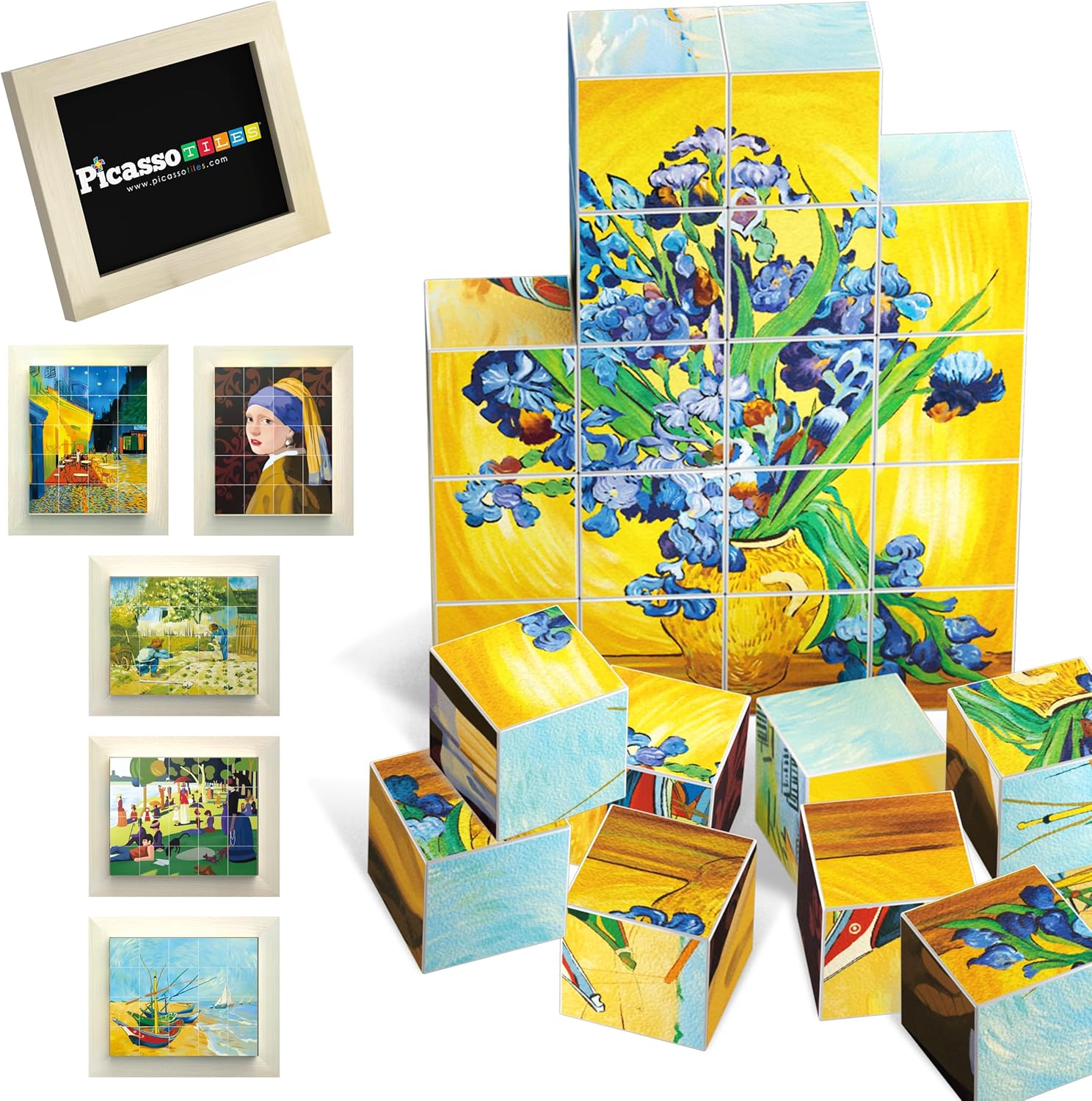 PicassoTiles 1” Magnetic Puzzle Building Cubes Blocks of Popular World Famous Art Paintings with Free Frame, Educational STEAM Toys for 3+ Year Old Boys Girls Toddlers Or Preschool Age Children PMC21