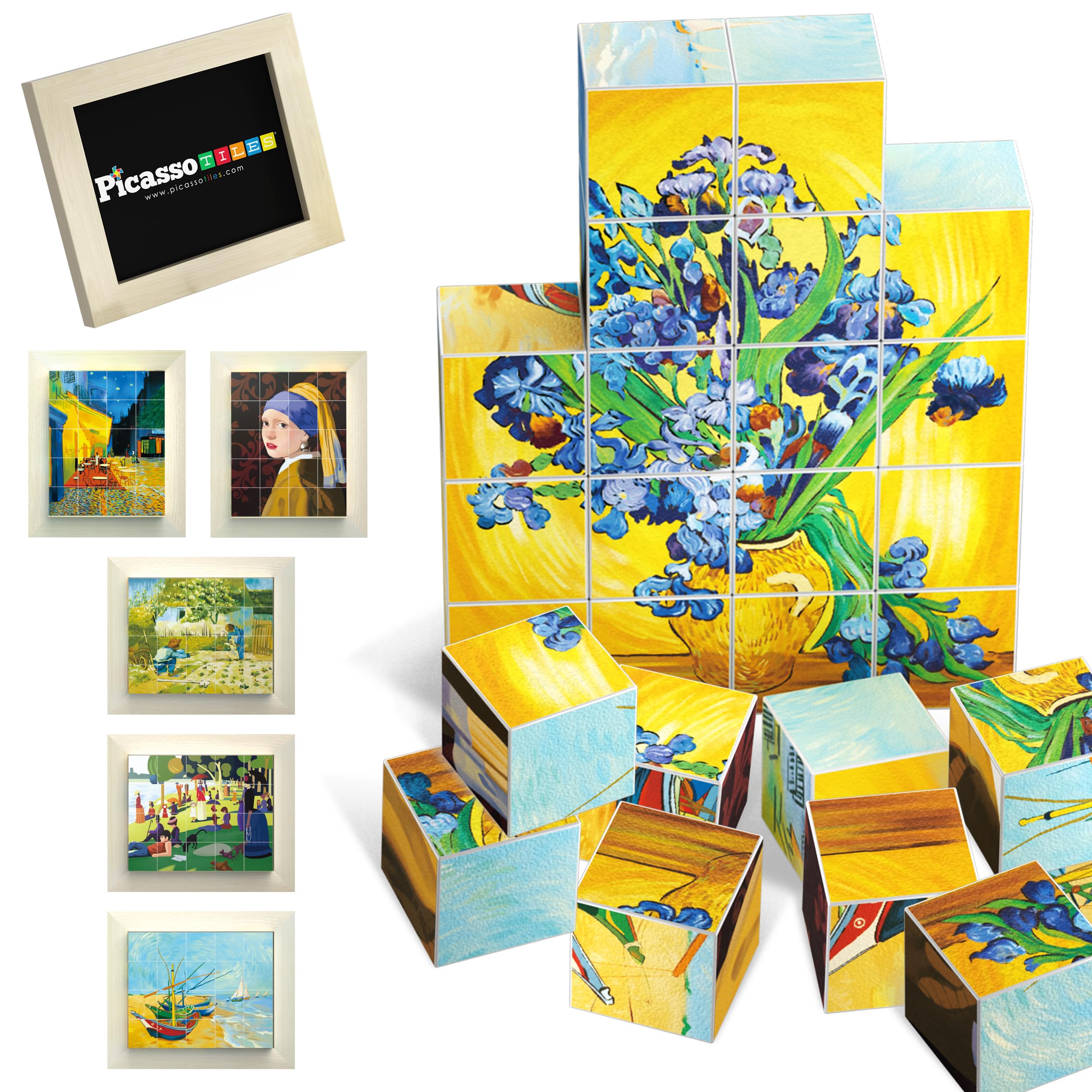PicassoTiles 1" Magnetic Puzzle Building Cubes Blocks of Popular World Famous Art Paintings with Free Frame, Educational STEAM Toys for 3+ Year Old Boys Girls Toddlers Or Preschool Age Children PMC21