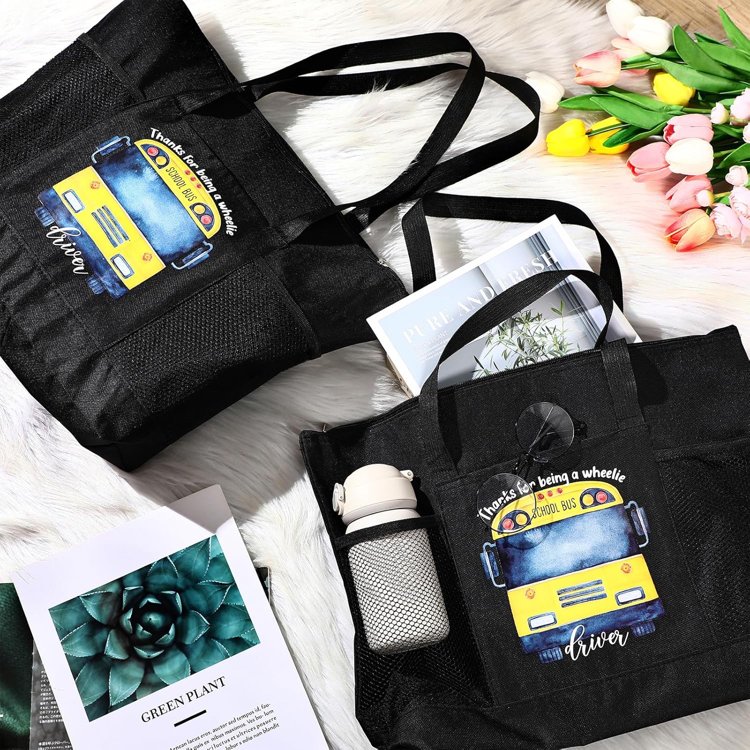 Abbylike 2 Pcs Valentine Day Bus Driver Gifts Tote Bags School Bus Driver Appreciation Gift Large Black Shoulder Bags with Zipper for Women Men - Image 6