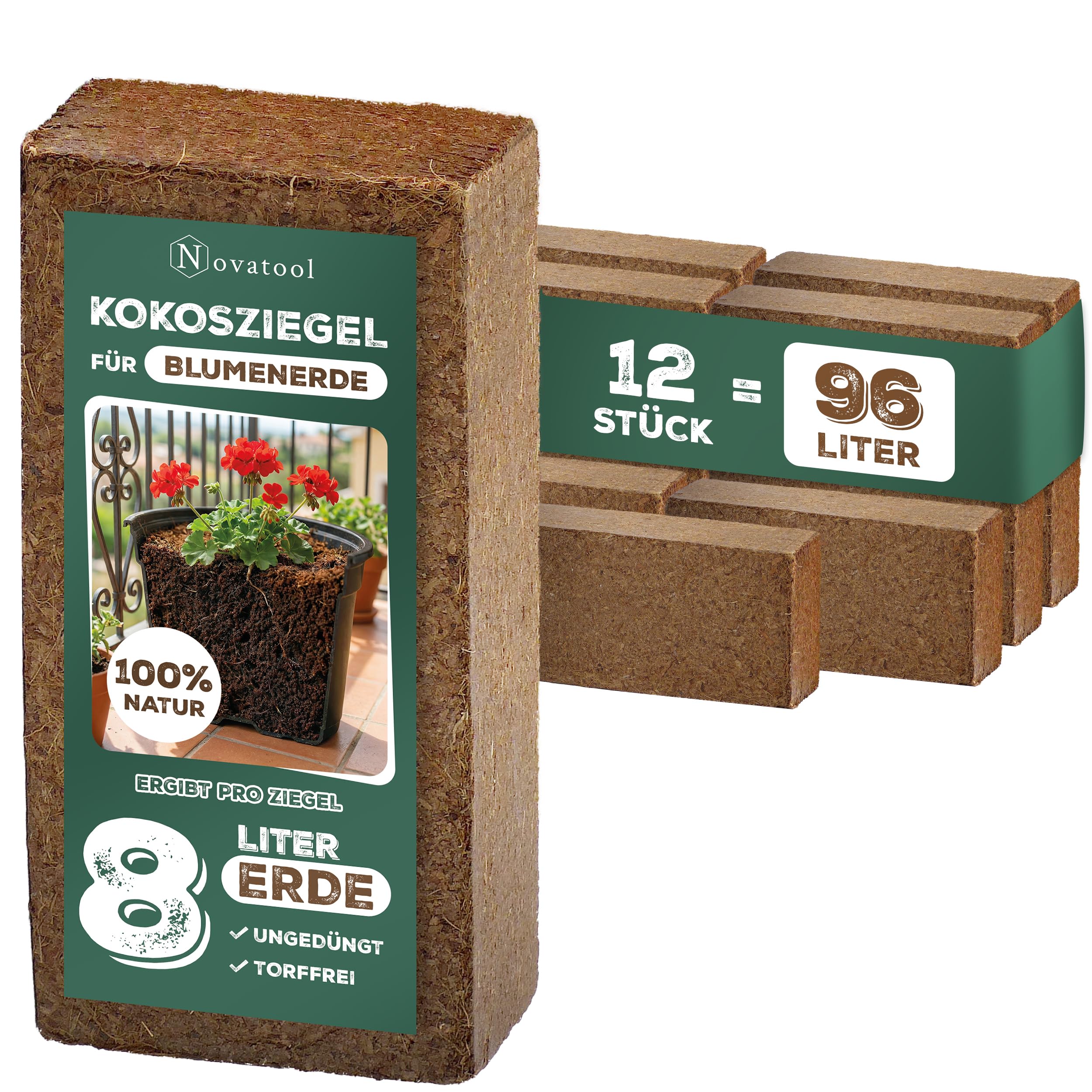 Novatool 12 x batoniki kokosowe, drobne, 96 litrów, tłoczone bio, ziemia terrarium, 650 g, 20 x 5,5 x 10 cm, z kokosem, steu i substratów, hobbystyka, terraristyczna, podłoże do akwarium, terrarium