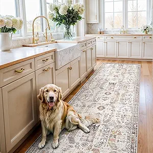 Madane Hallway Rug 3x10, Kitchen Rugs Washable Entryway Rug Vintage Kitchen Runners Non Slip Indoor Area Rug Farmhouse Carpet Runner for Bathroom Living Room Bedroom, Brown/Gold