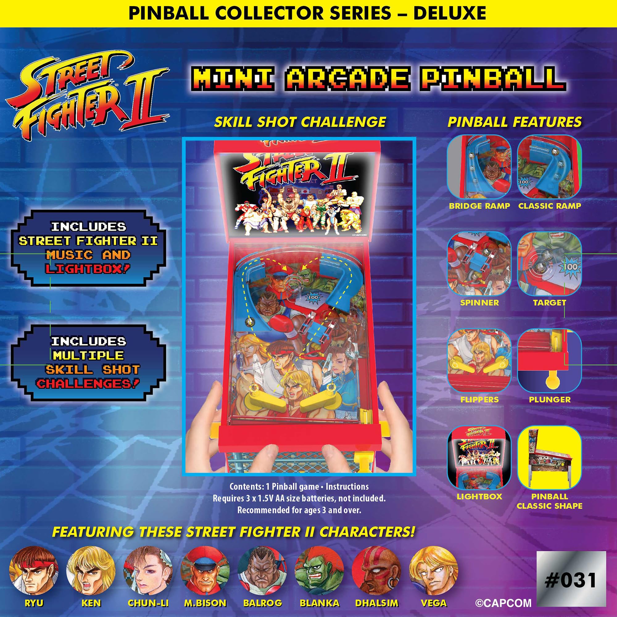 Ambassador Street Fighter II Mini Flipper Arcade - Jeu de Flipper de Table avec Lumière et Son - Machine Flipper Compacte avec Lanceur Rampes et Défis Skill Shot - Jouet Enfant 3 Ans et Plus