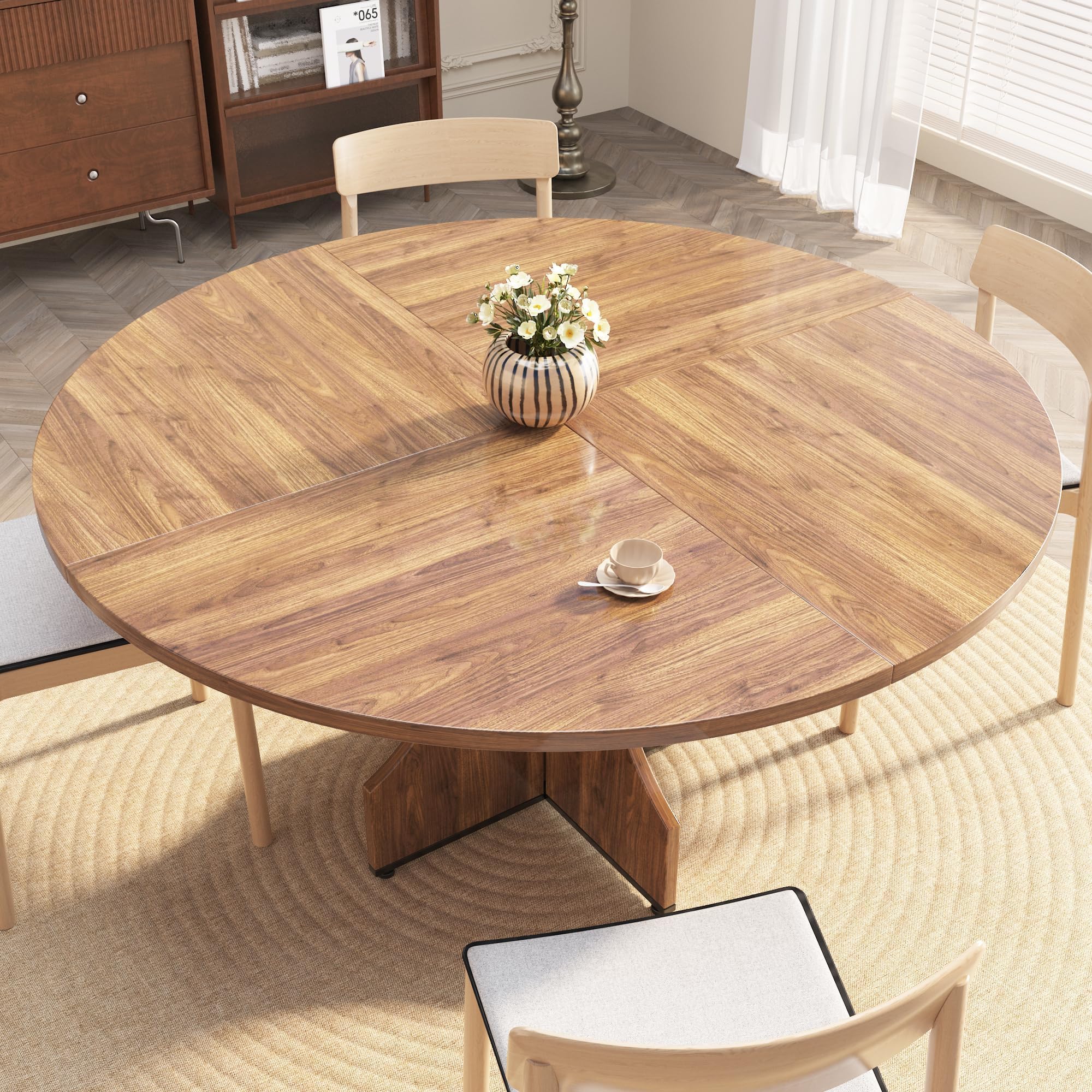 Garvee Mesa de Comedor Redonda de 120 cm para 4-6 Personas, Mesa de Cocina Moderna de Estilo rústico con Estante Inferior, Patas Regulables en Altura, fácil Montaje, Color Nogal