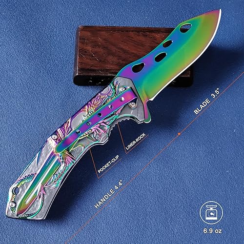 Miniatura 4 de Navaja de bolsillo para hombre, Cool Rainbow 3D DRAGON Cuchillo plegable de bolsillo con clip, gran regalo, cuchillo Edc para hombres, supervivencia