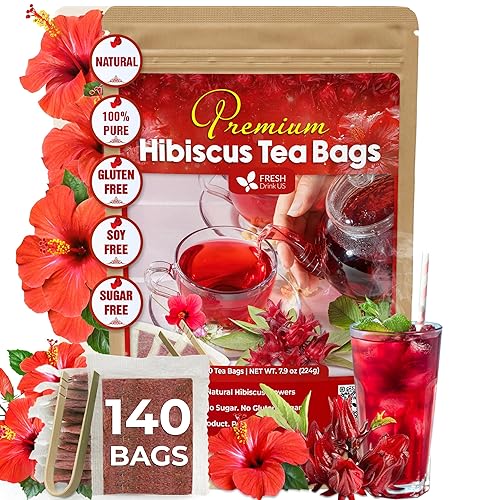 FreshDrinkUS, Premium 140 Hibiscus Flowers Tea Bags, 100% Natural, Handmade, Pure from Hibiscus Flowers. Loose Flower Hibiscus Herbal Tea. Hibiscus Flower Tea. No Sugar/Caffeine/Gluten, Vegan. - Hibiscus - 140 Tea Bags
