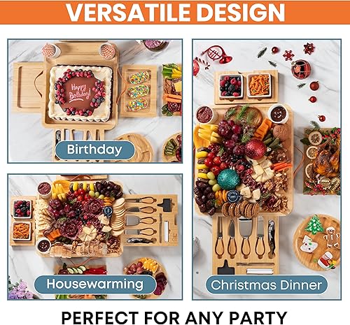 Miniatura 6 de Juego de regalo grande de tablero de embutidos de bambú, 4 cajones ocultos, cuchillos de queso, cuencos y platos de cerámica, regalo perfecto para