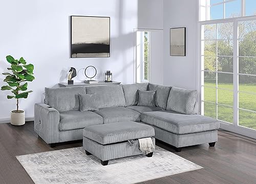 Miniatura 2 de Contemporary 2-Piece XL Sectional Set Plush Corduroy Fabric RAF Round Chaise LAF Sofa with Pillows Modular L-Shaped Couch Living Room