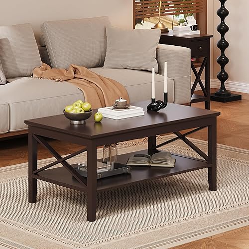 Miniatura 35 de ChooChoo Mesa de centro Oxford con patas más gruesas, mesa de centro de madera negra con almacenamiento para sala de estar Negro -,Negro y