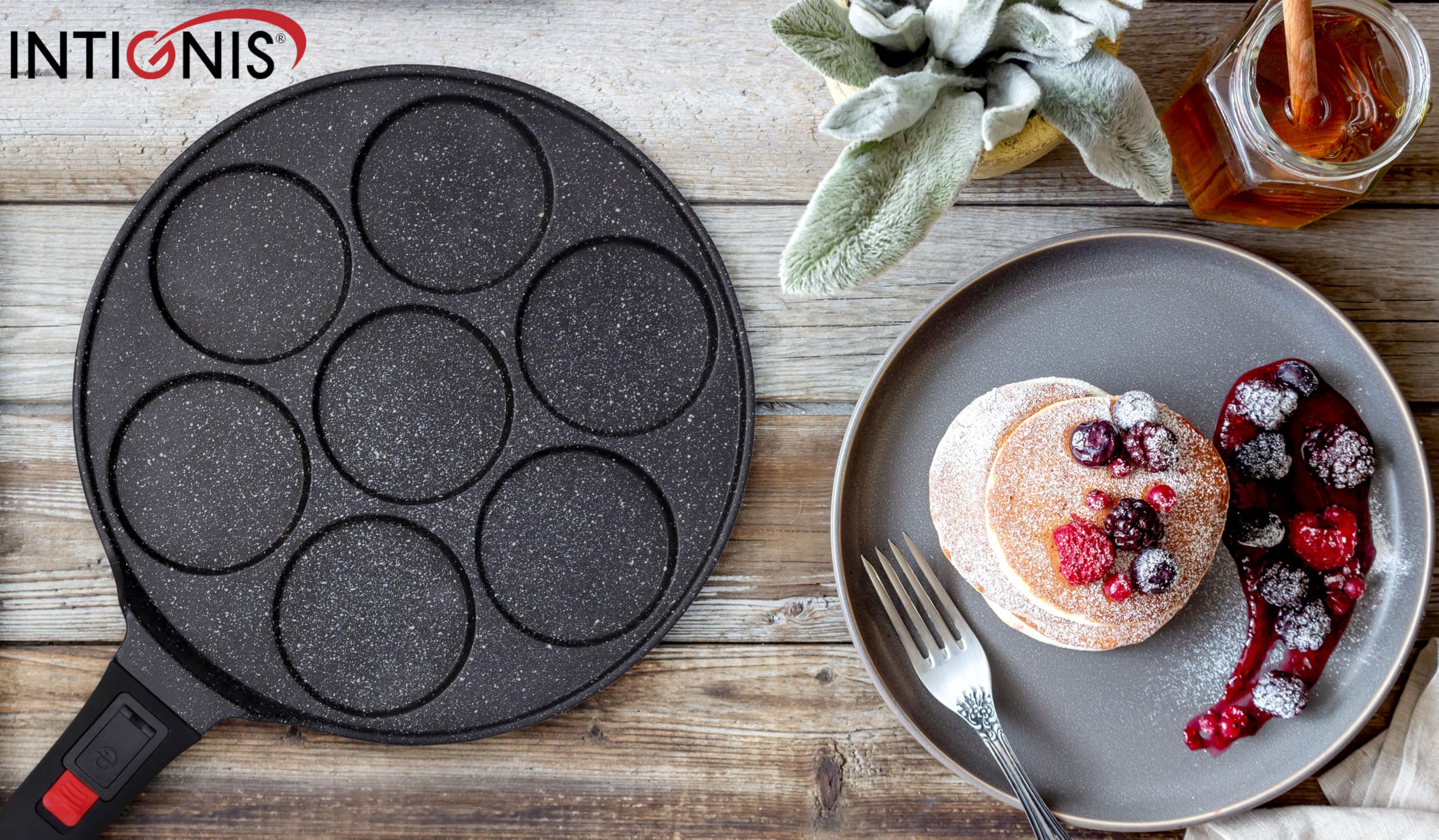 INTIGNIS® Padella antiaderente - Mini padella per pancake multiforo, padella per crêpes e pancake in stile americano con 4/7 fori per pancake individuali perfetti (7 - Smart)