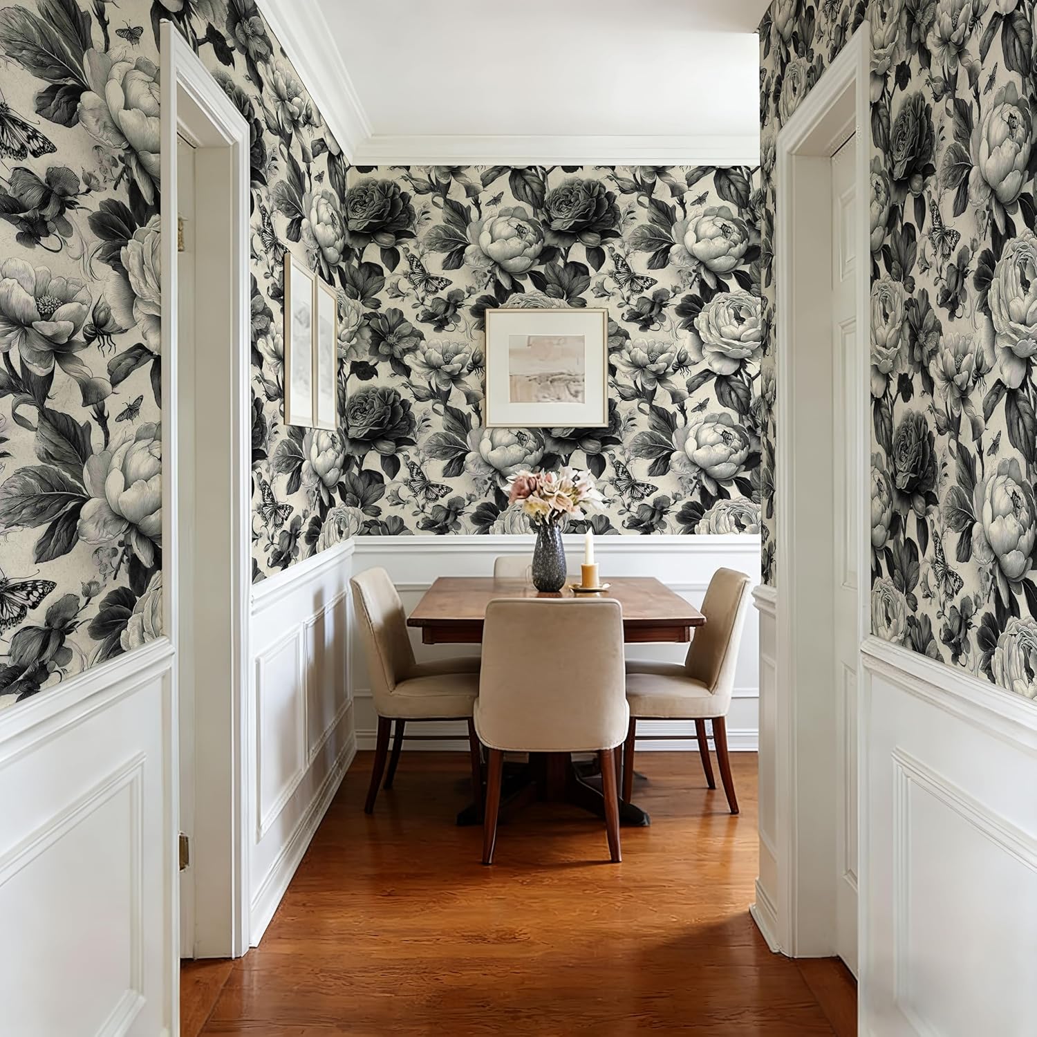 Vintage Engraved Floral Peel and Stick Wallpaper, (Black and Off-White) Gothic Retro Peony & Butterfly Pattern Wallpaper for Home Decor | 17.7" x 236", Self-Adhesive, Waterproof Vinyl