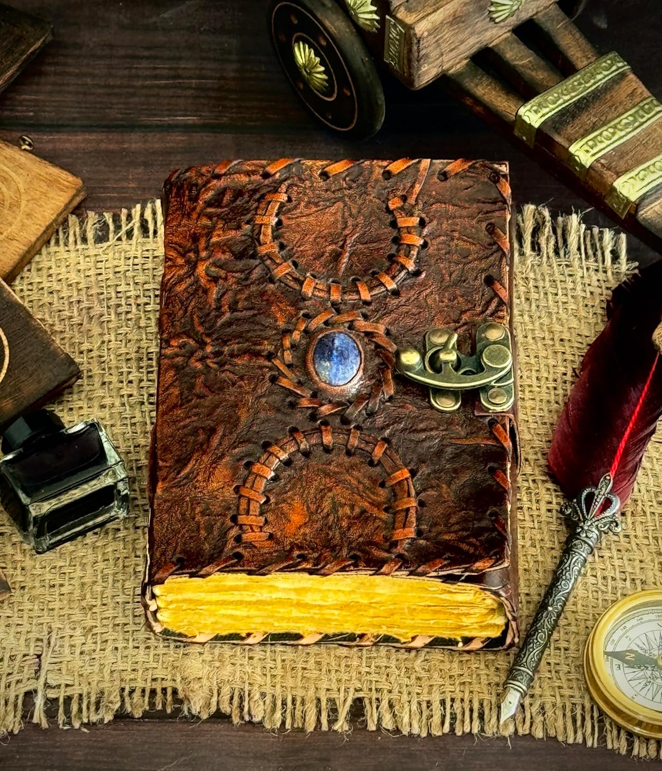 Vintage Leather Journal Semi Precious Witch Stone Triple Moon Design-Lock Closure, 200 Antique Deckle Edge Blank Paper-Book of Shadows, Grimoire Journal, Witch Journal for Men and Women 7x5 Inch - Image 4