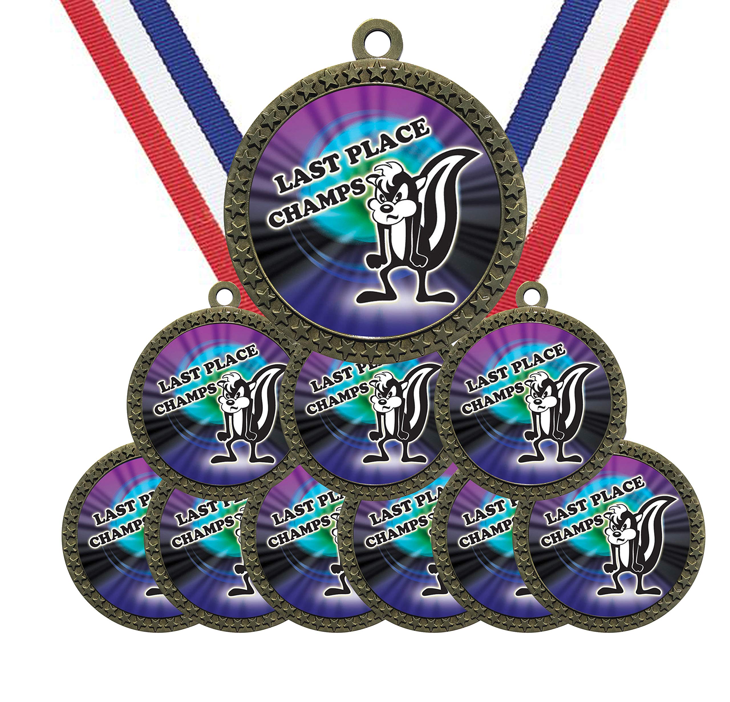 Large 2-1/2 inch Diameter Metal Antique Gold Last Place Loser Skunk Medals Star Award Trophy Champion Winner with Red White and Blue Neck Ribbons (Pack of 10)
