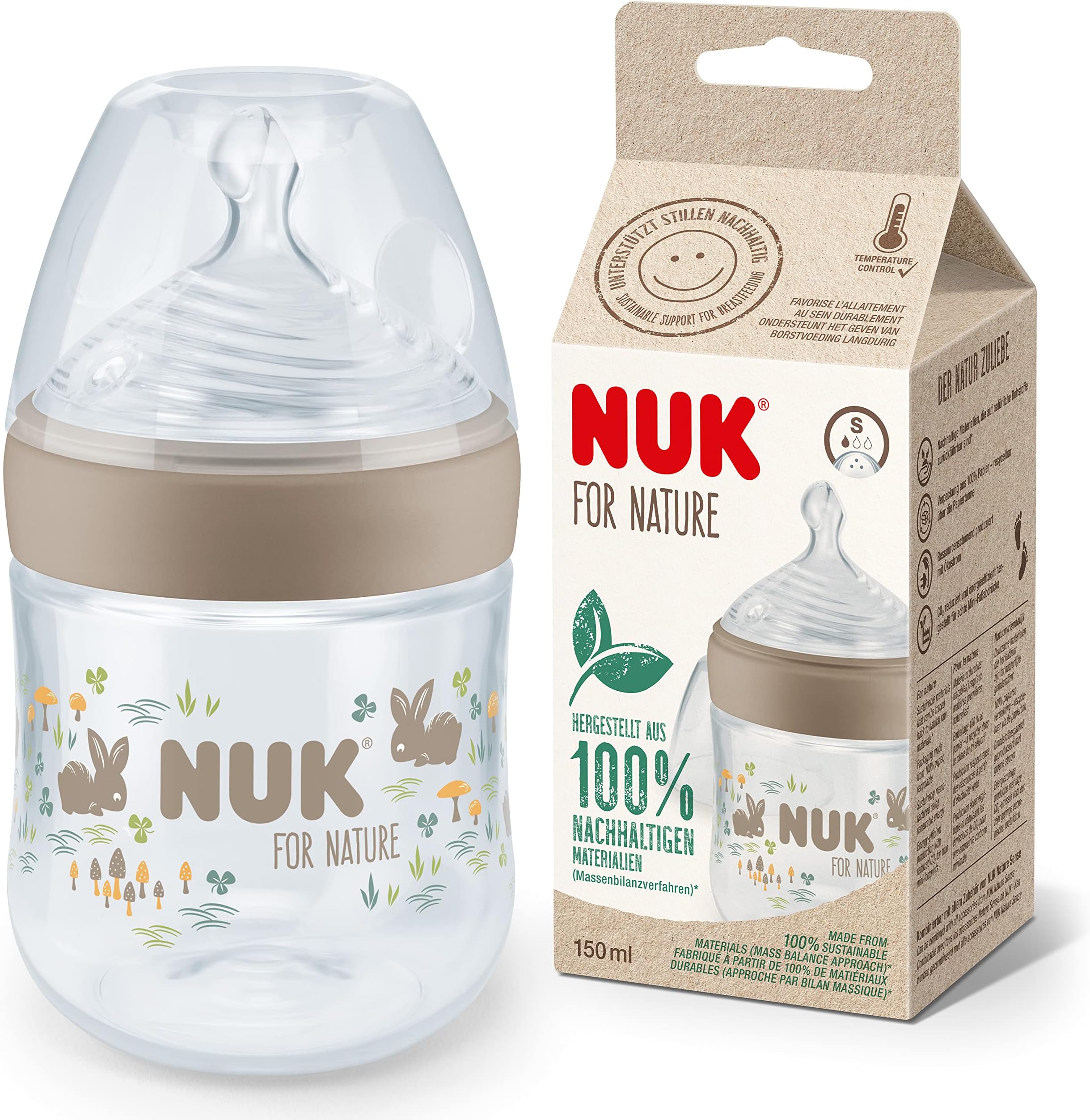 NUK for Nature Baby Bottle | Small Teat | 150 ml | Breast-Like Ant-Colic Silicone Teat | Temperature Control | Sustainable, BPA-Free Materials | Beige