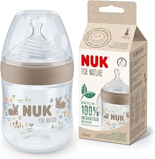 NUK for Nature Bottle | S-Teat | 150 ml | Silicone Breast-Like Teat with Anticolic Valve | Temperature Control | BPA Free | Beige