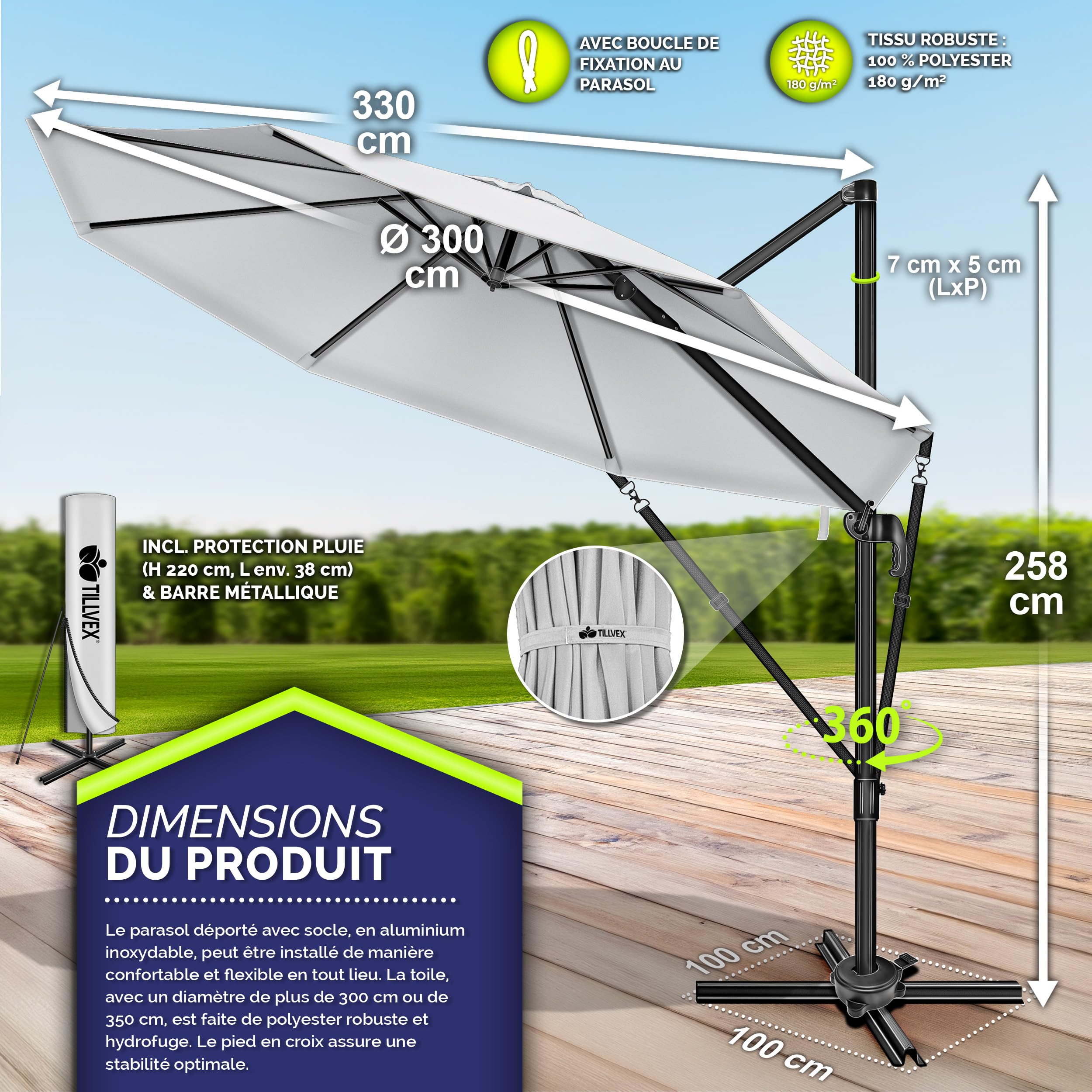 tillvex® Parasol déporté hexagonale 330 cm Premium avec manivelle | Avec housse et protection contre le vent | Parasol à manivelle réglable sur 7 positions | Parasol de jardin aluminium pivotant à 360