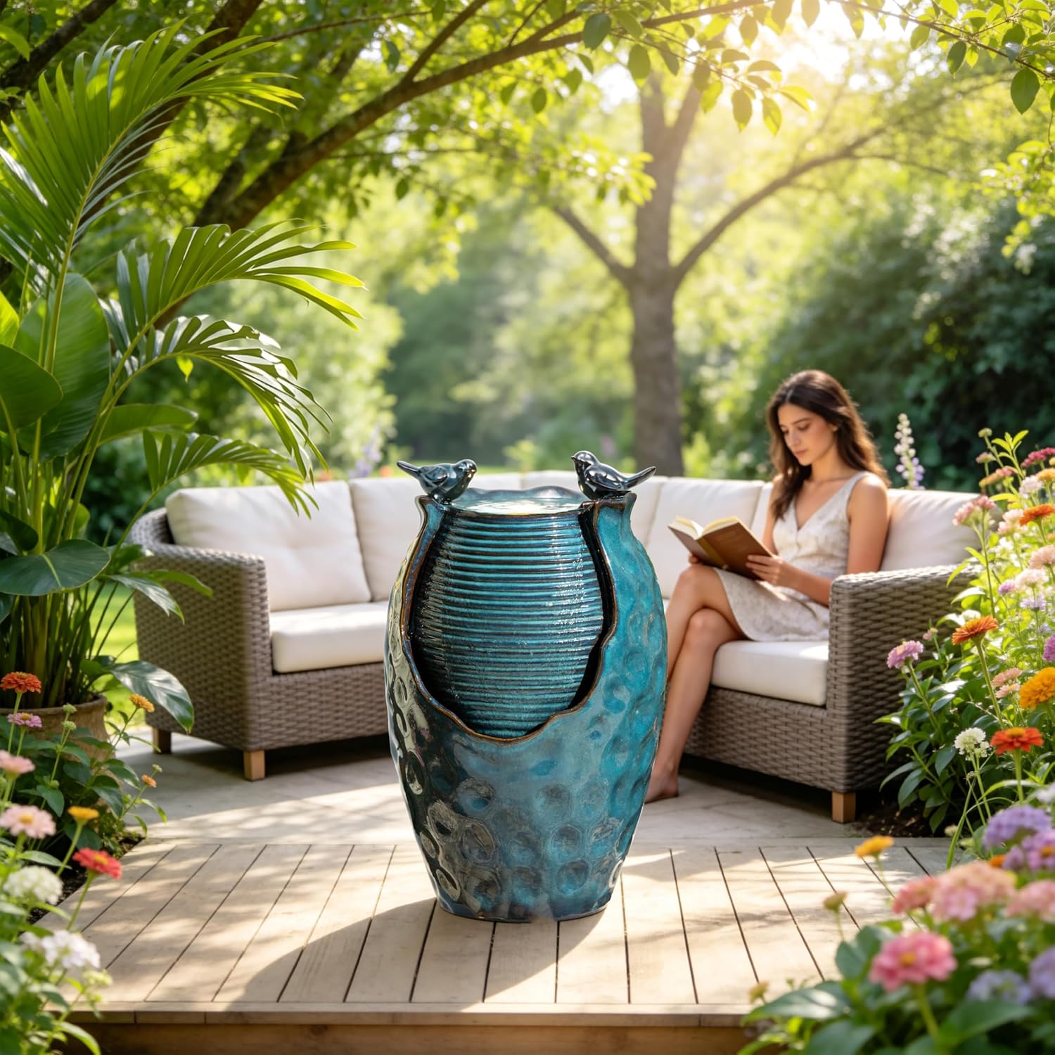 24.8" H Ceramic Jar Outdoor Water Fountain with LED Lights & Bird Accents, Elegant Turquoise Glaze with Bubble-Like Texture, Decorative Garden Water Feature