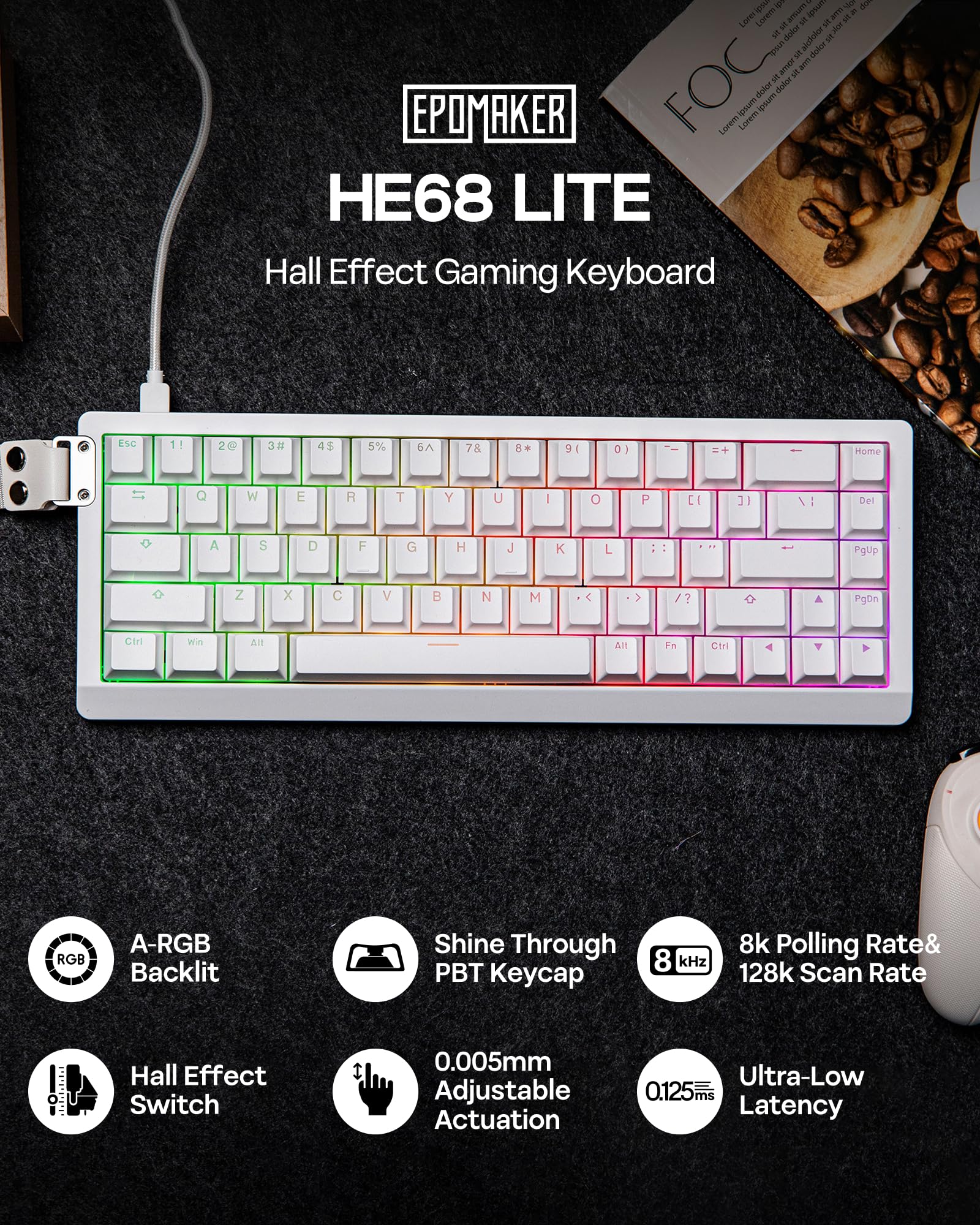 EPOMAKER Teclado para jogos HE68 Lite Hall Effect, sondagem de 8K