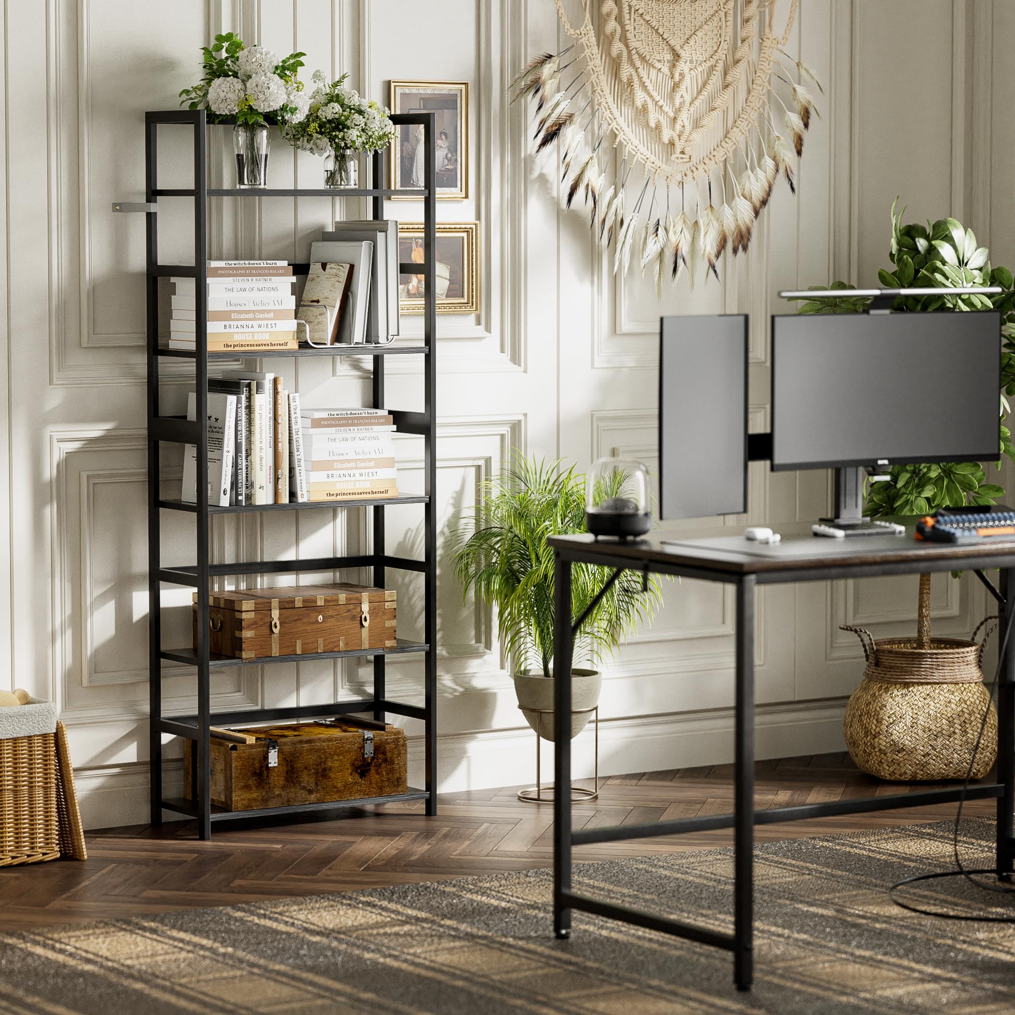 Estantería de Madera de bambú de 5 Niveles, estantería Alta de Almacenamiento, estantería Grande, Organizador Industrial Moderno para el hogar, Oficina, Sala de Estar, Cocina (Negro)
