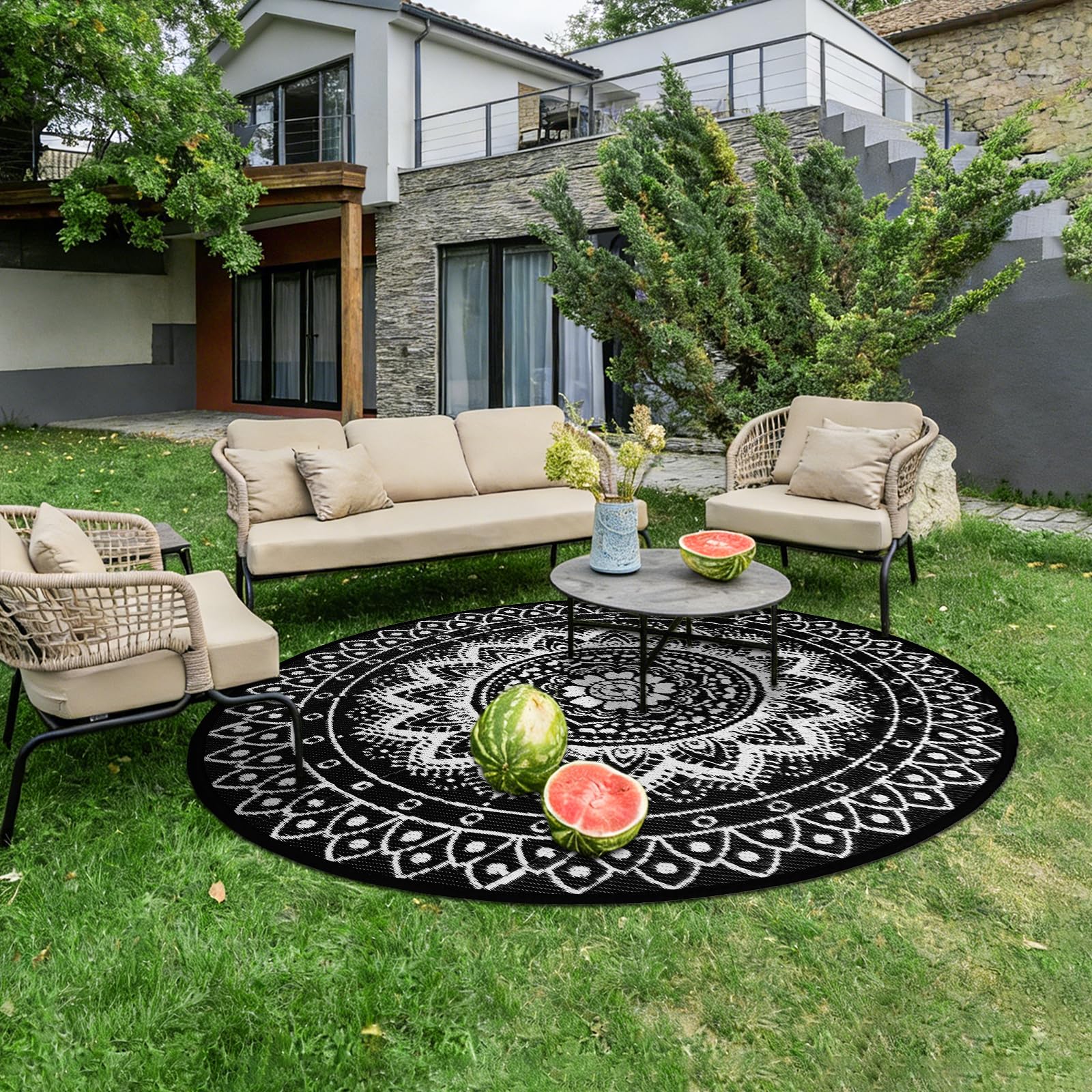 Alfombra Redonda de Exterior para Patio 180 cm alfombras de jardín Reversibles Impermeables y Plegables Alfombra Boho para autocaravanas Alfombra para Picnic Acampada Negro/Blanco
