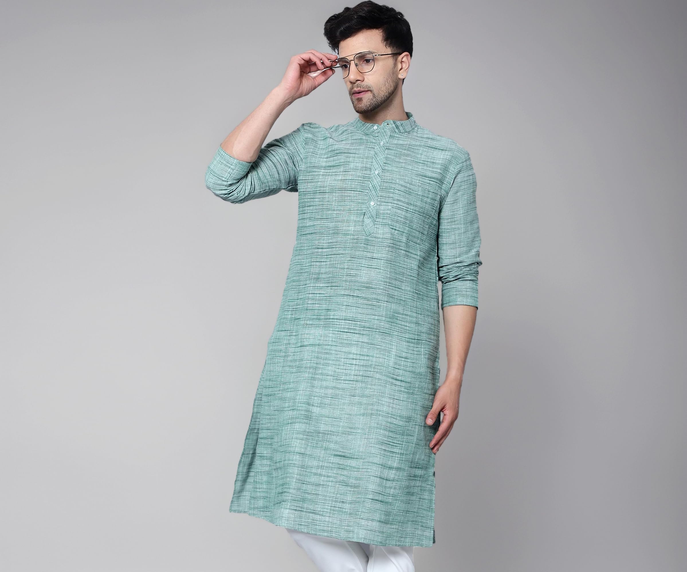 Men's Cotton Regular Textured Long Kurta Full Sleeves - Casual Ethnic Wear