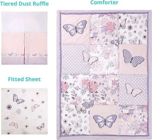 Miniatura 3 de La Premura Juego de ropa de cama de cuna de mariposa floral rosa 4 piezas de tamaño estándar para cuna para niñas rosa pastel y azul bebé