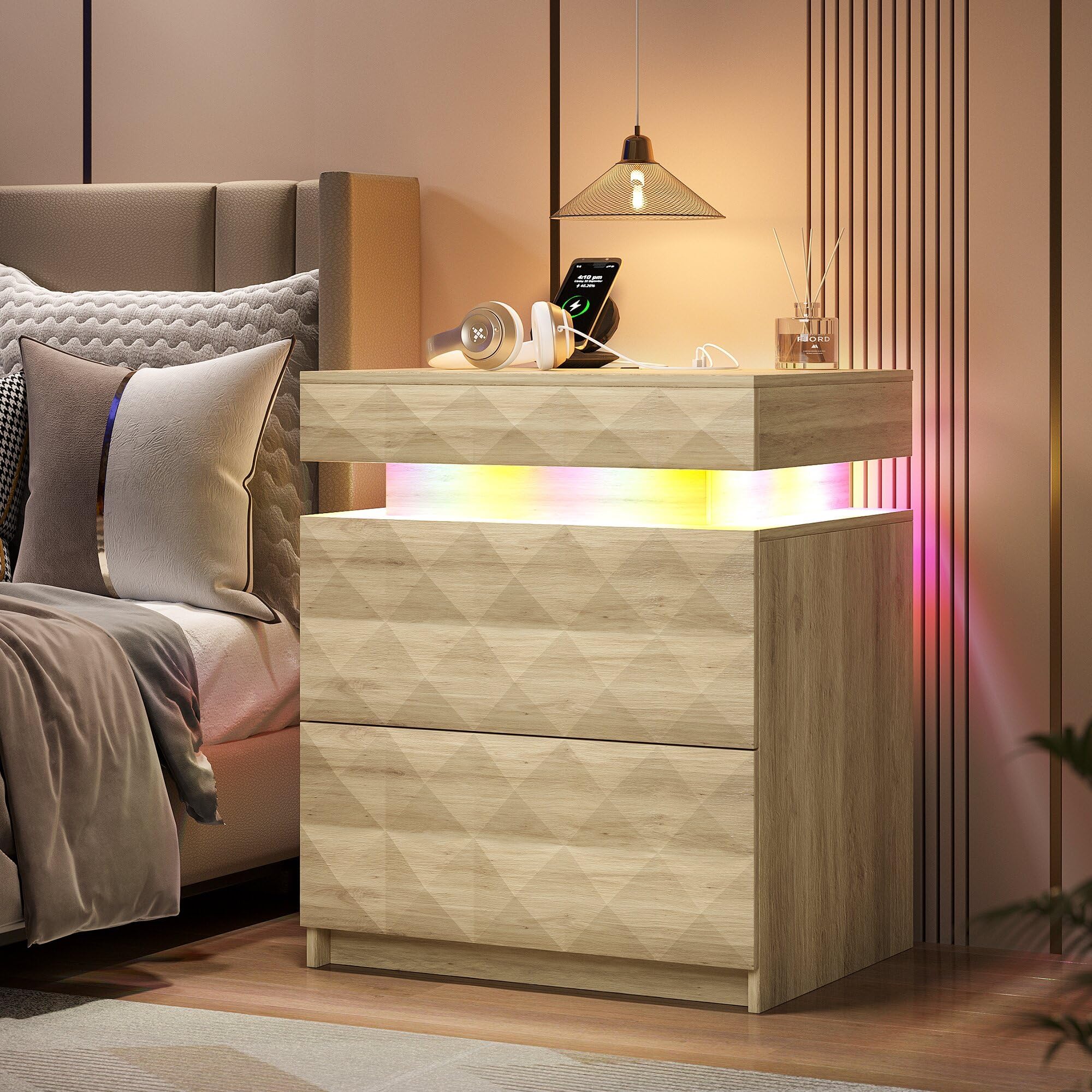 FREDEES LED Bedside Table with Charging Station,3 Drawers Night Stand with Lockable Hidden Storage,Smart Nightstand with Human Sensor RGB Lights for Bedroom, Wood