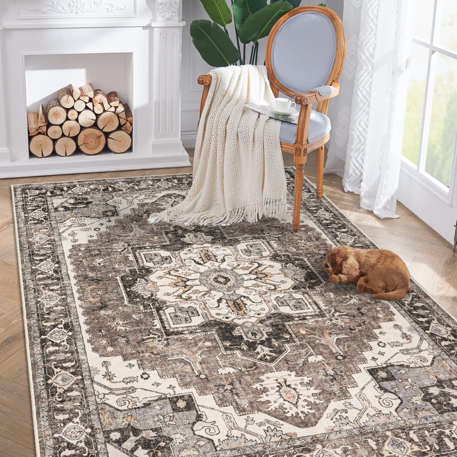 Washable Living Room Area Rug - 5'x7 'Large Bedroom Rug Distressed Oriental Non-Slip Non-Shedding Print Floor Carpet for Dining Room Kitchen (Beige, 5