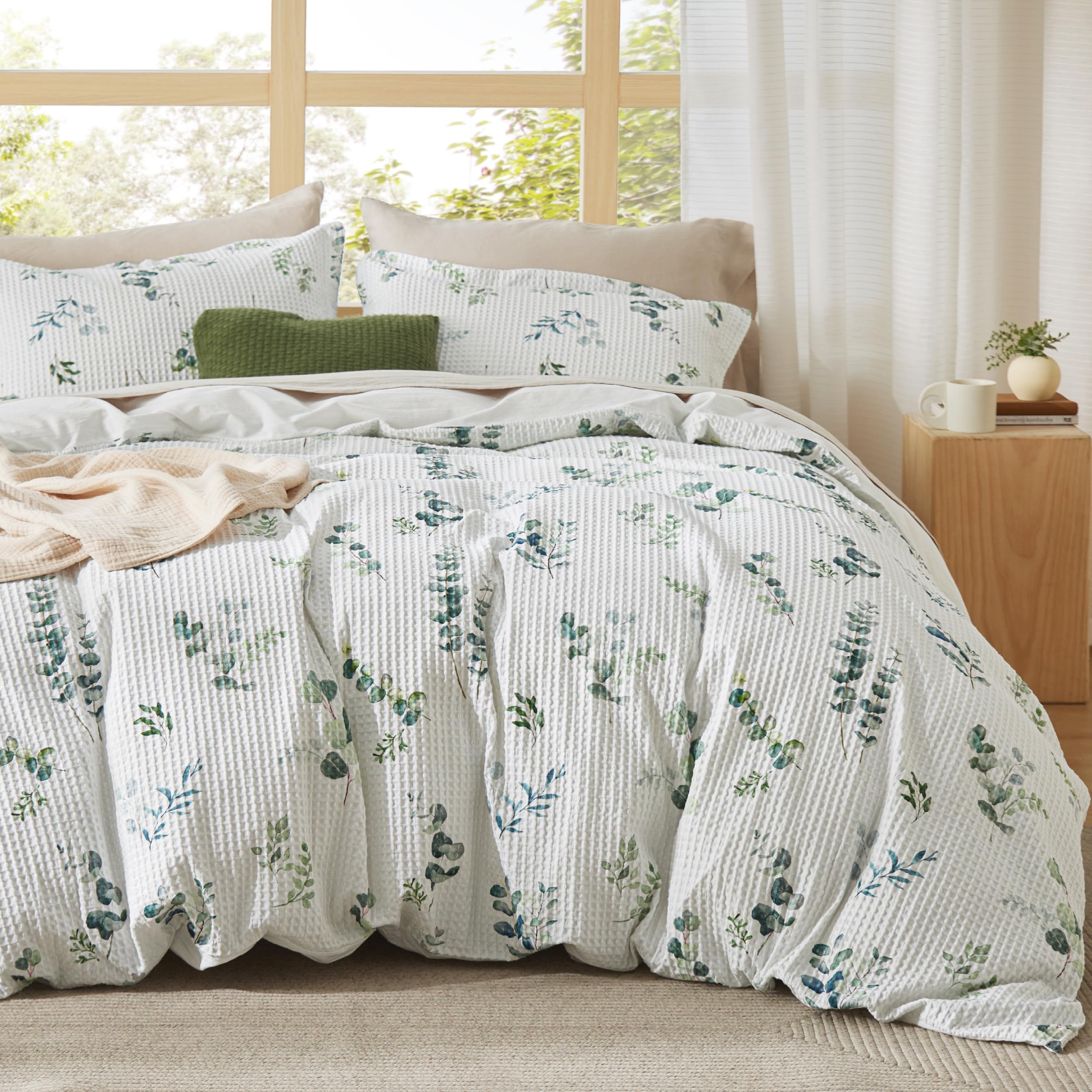 Bedsure Cotton Duvet Cover Queen - 100% Cotton Waffle Weave Floral Duvet Cover Set, Soft and Breathable Botanical Green Bedding Set for All Season (Queen, 90"x90")