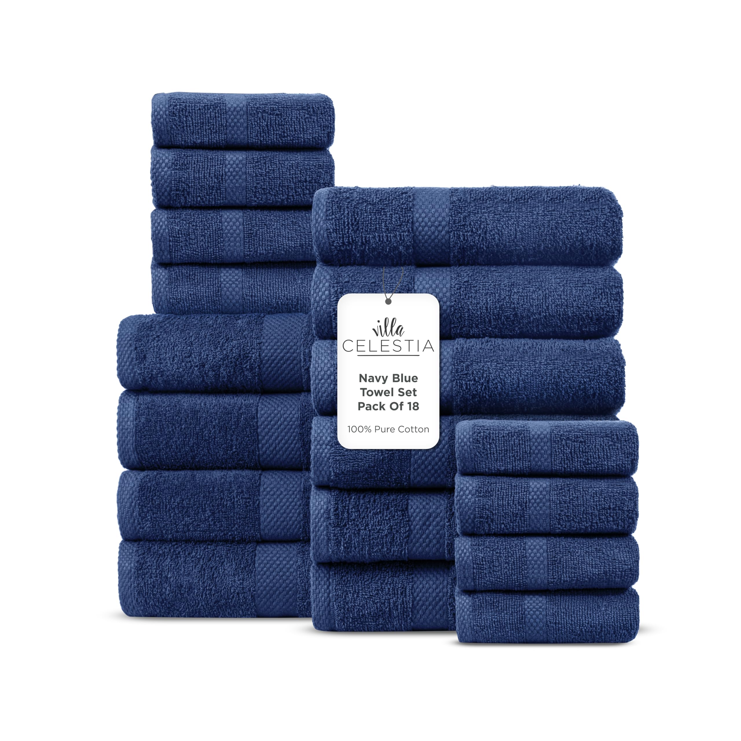 Villa Celestia 18-Piece 100% Cotton Towel Set, 4 Bath Towels, 6 Hand Towels, 8 Wash Cloth, Quick-Dry, Navy Blue