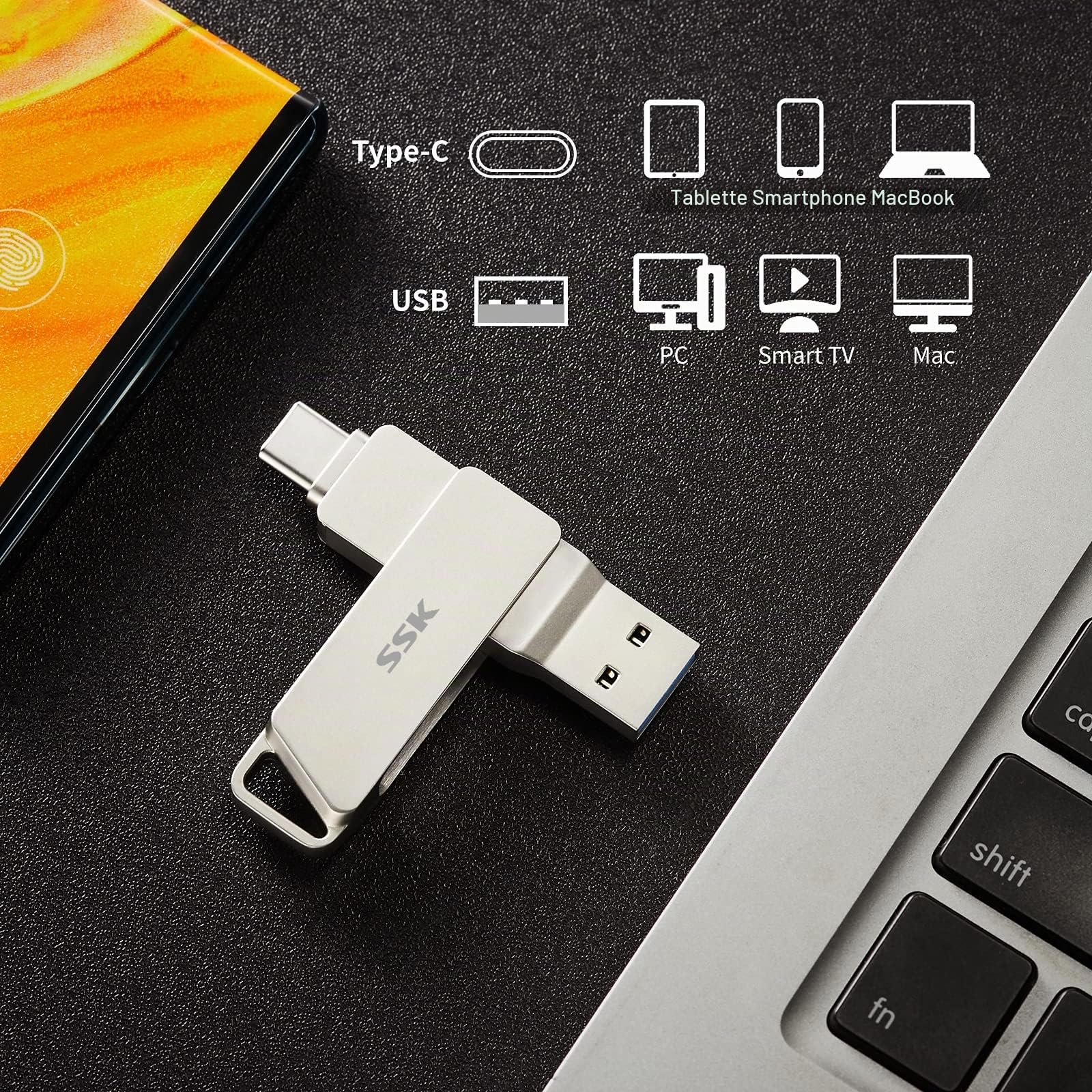 SSK 128 Go Double Cle USB 3.2 Type-C jusqu'à 200 Mo/s, Clé USB-C Flash Drive Pivotant Conception, Clef USB pour iPhone15/16 Pro/Android Smartphone/Tablettes/Mac/PC et Plus