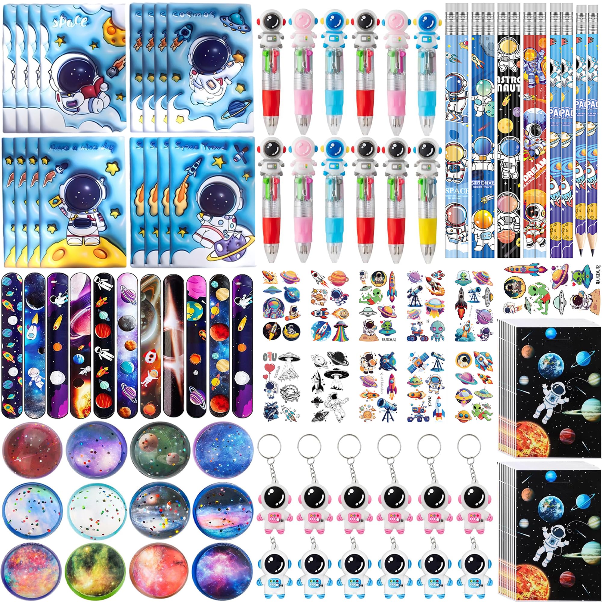 Space Party Gift Set with Mini Notebook Ballpoint Pens Pencil Slap Bracelets Keychains Temporary Tattoos Balls and Gift Bags for Astronaut Galaxy Space Themed Birthday Party Supplies Decorations