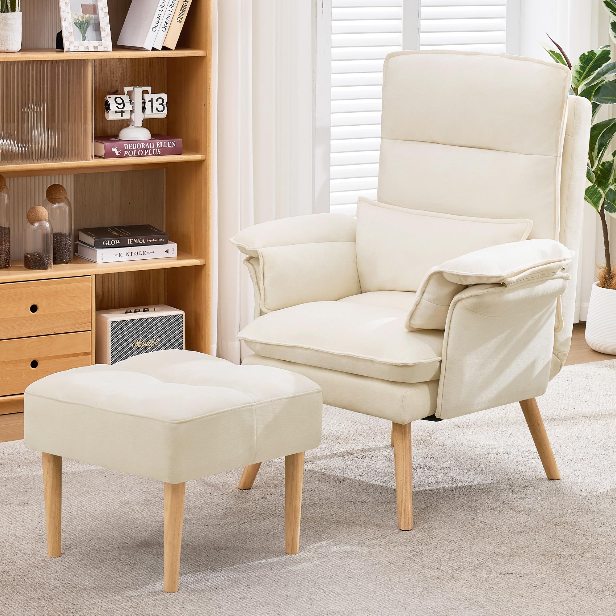 BTM Relaxsessel mit Hocker 5-Fach Verstellbarer Sessel Wohnzimmer Lesesessel mit Kopfstütze, Armlehnenkissen Beige