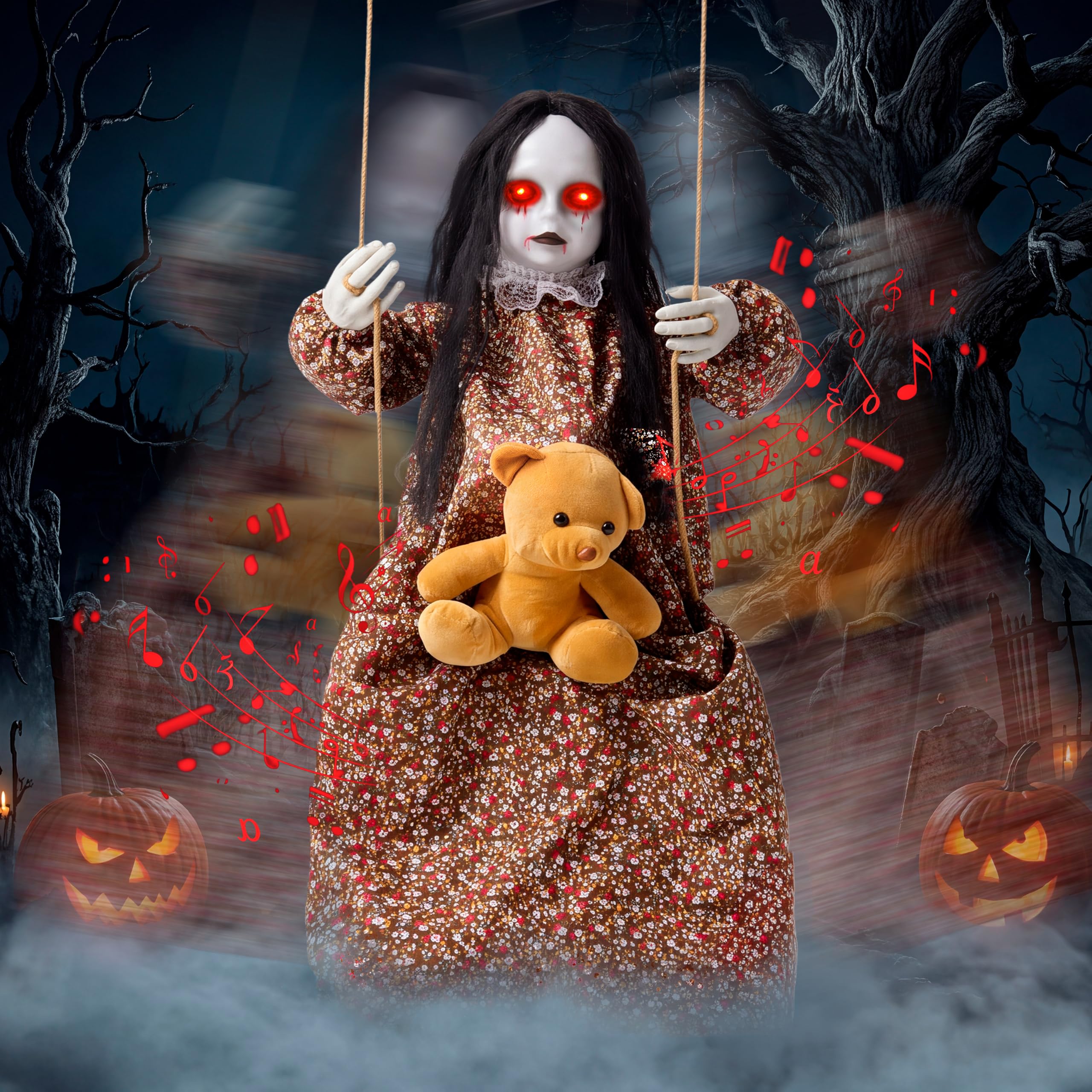 JOYIN Gruselige Halloween-Dekoration für draußen: Hängendes, schwingendes Mädchen, geräuschaktivierter Sensor, leuchtende Augen und gruseliger Gesichtsausdruck, hängende