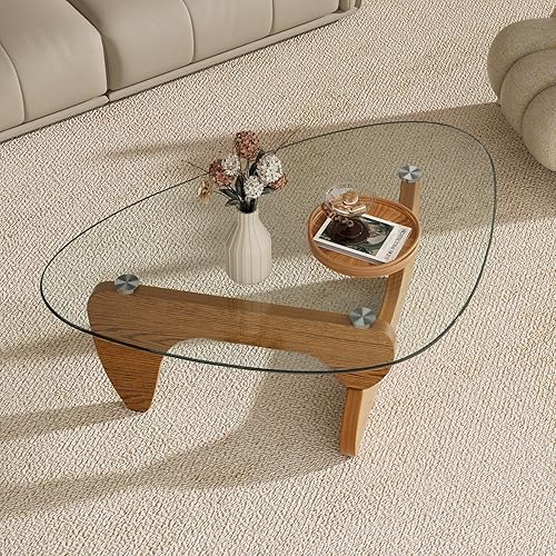Mesa de centro Morden de madera maciza, 42.5 x 28.5 x 16.1 pulgadas, mesa central triangular para sala de estar con parte superior de vidrio